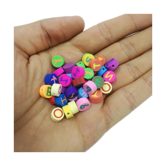 10 Adet -Fimo Hamur Boncuk - Renkli Harfler -10mm