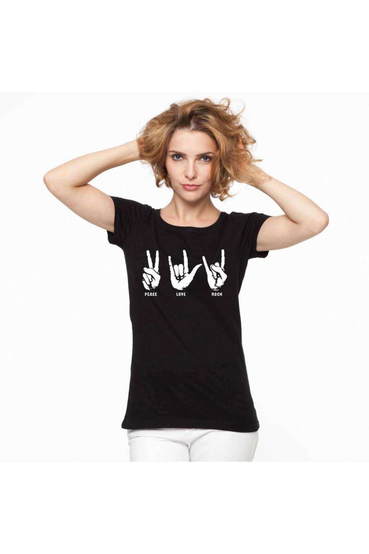 Love Rock Baskılı Dar Kesim Kadın Siyah t-shirt