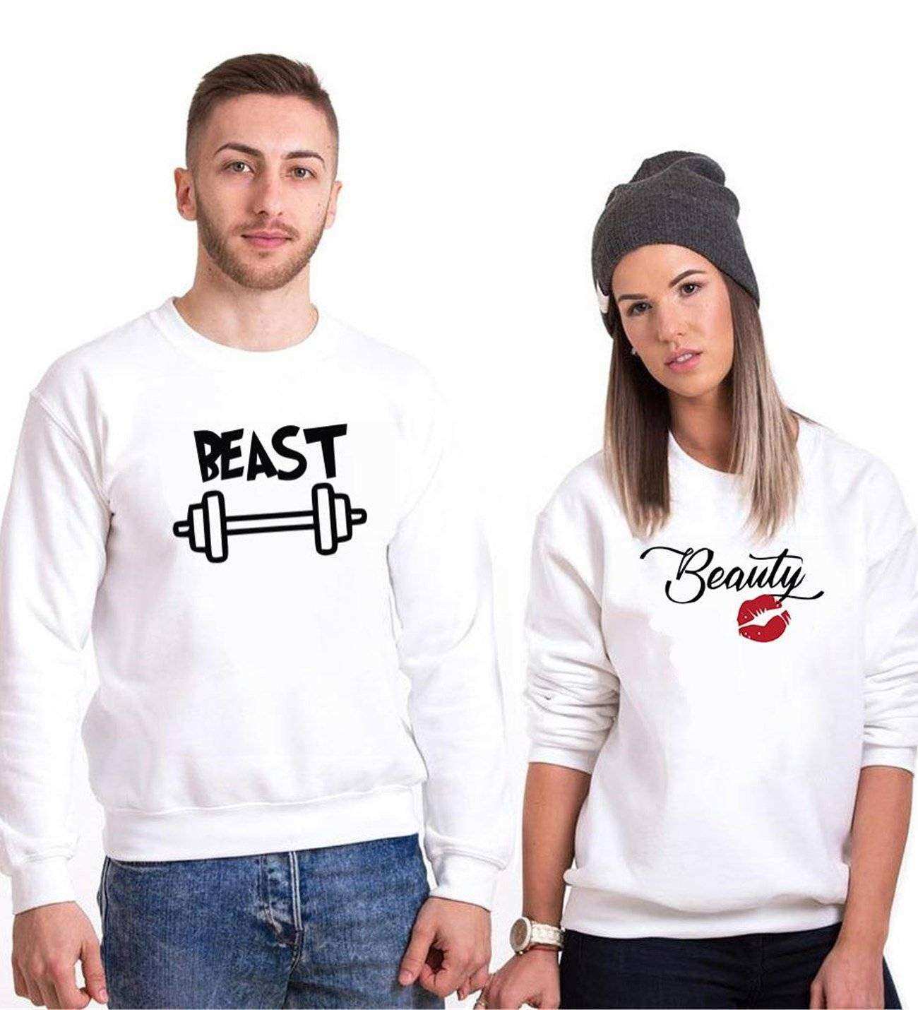 Tshirthane Beast Beauty Dumbell Öpücük Sevgili Kombinleri Sweatshirt Kombini