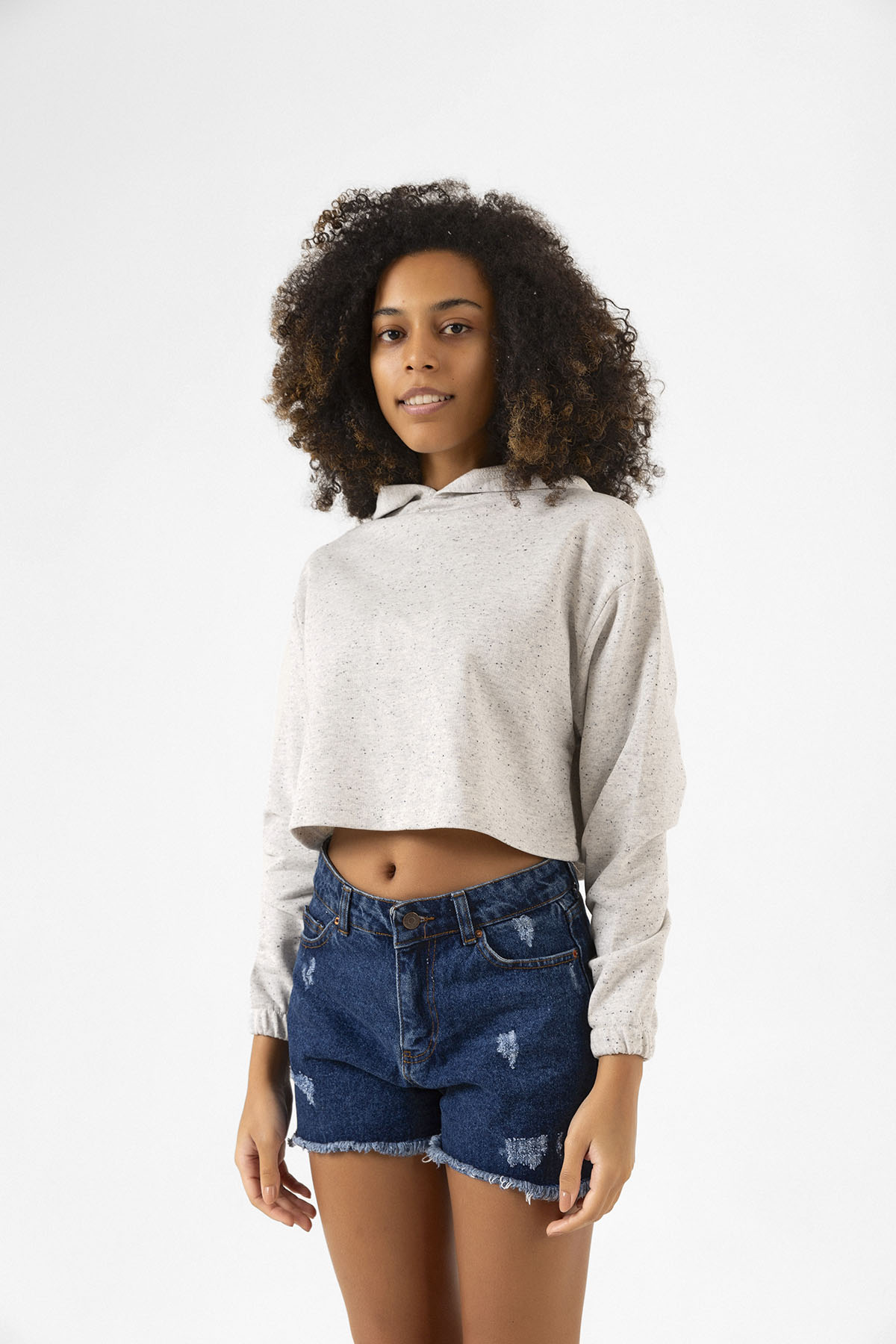 Basic Kırçıllı Gri Kapüşonlu Crop Sweatshirt