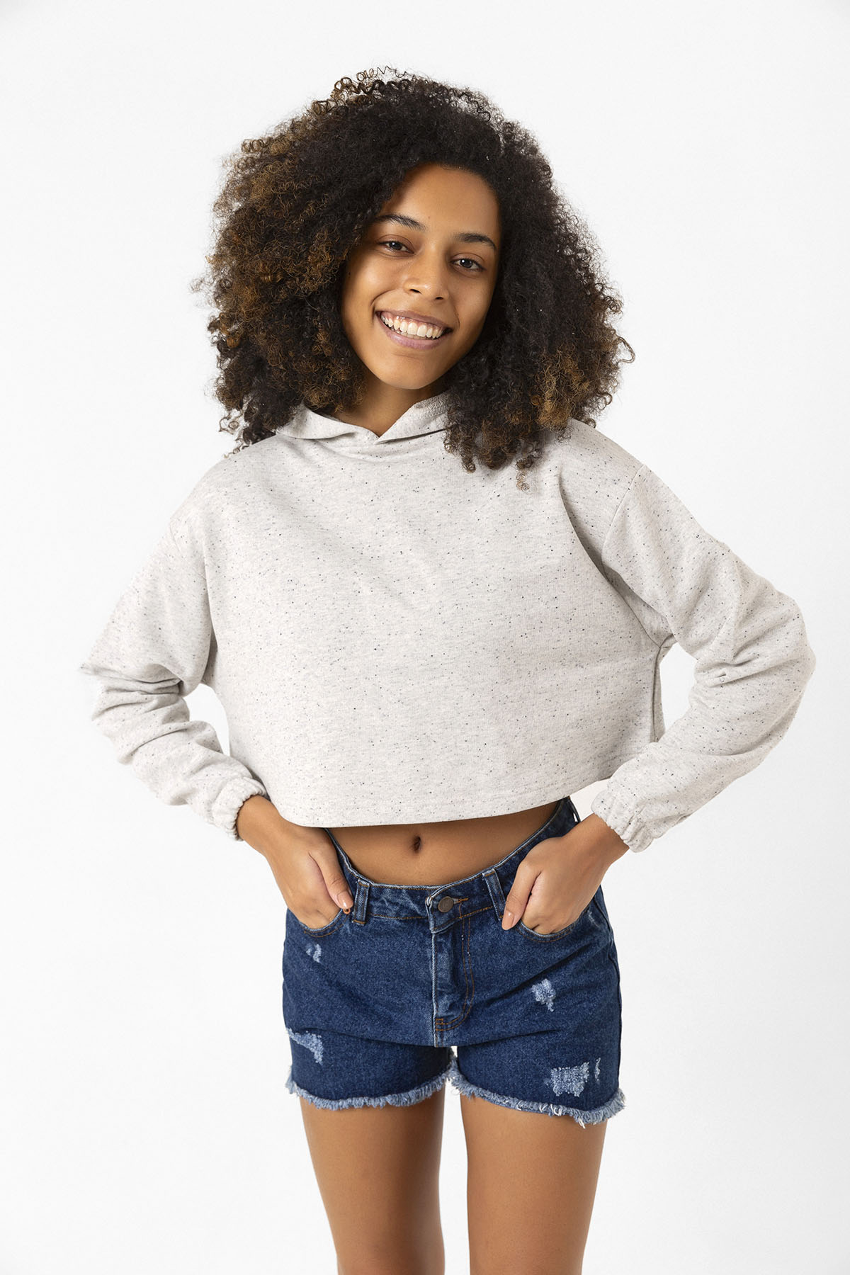 Basic Kırçıllı Gri Kapüşonlu Crop Sweatshirt