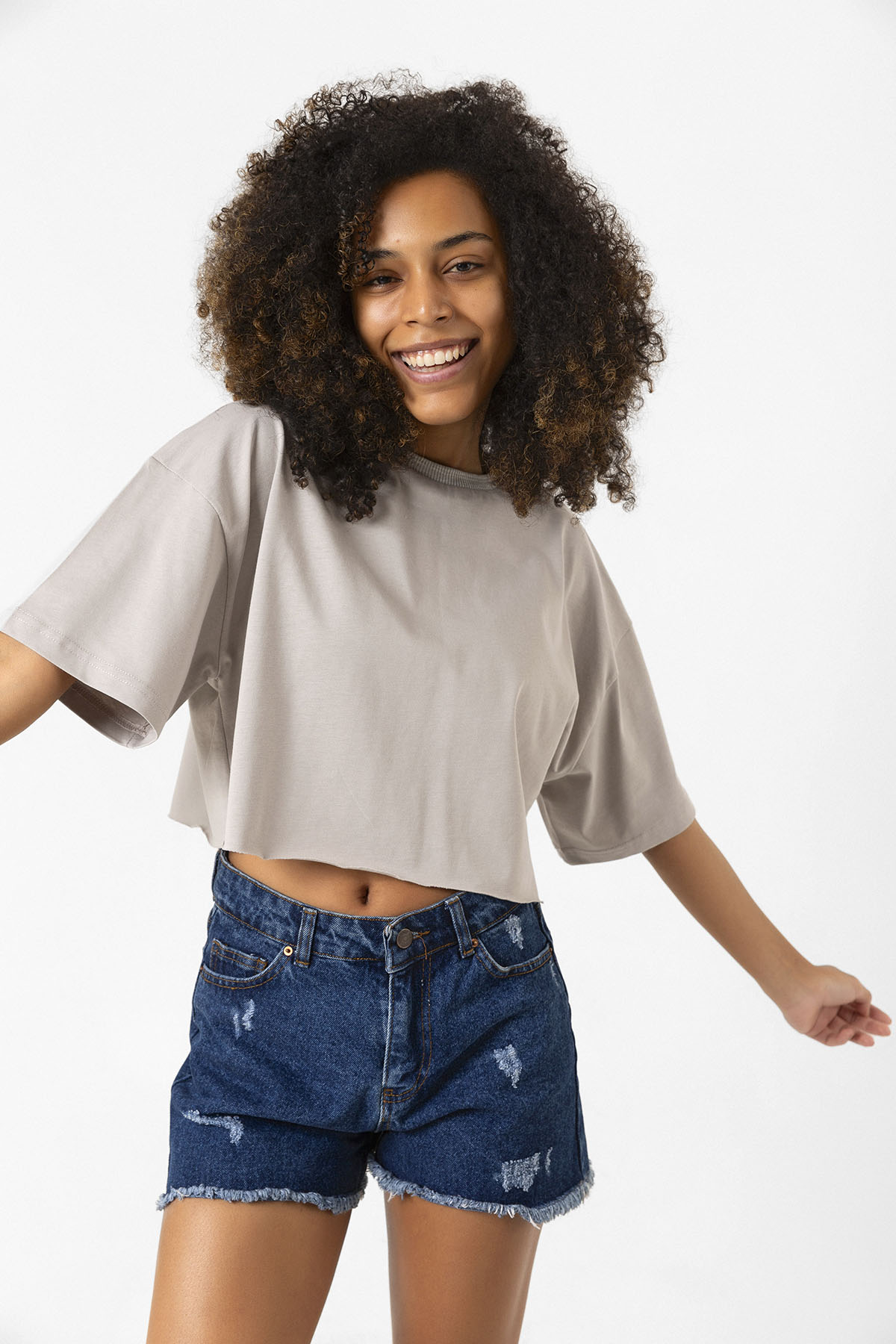 Basic Taş Rengi Oversize Crop Tshirt