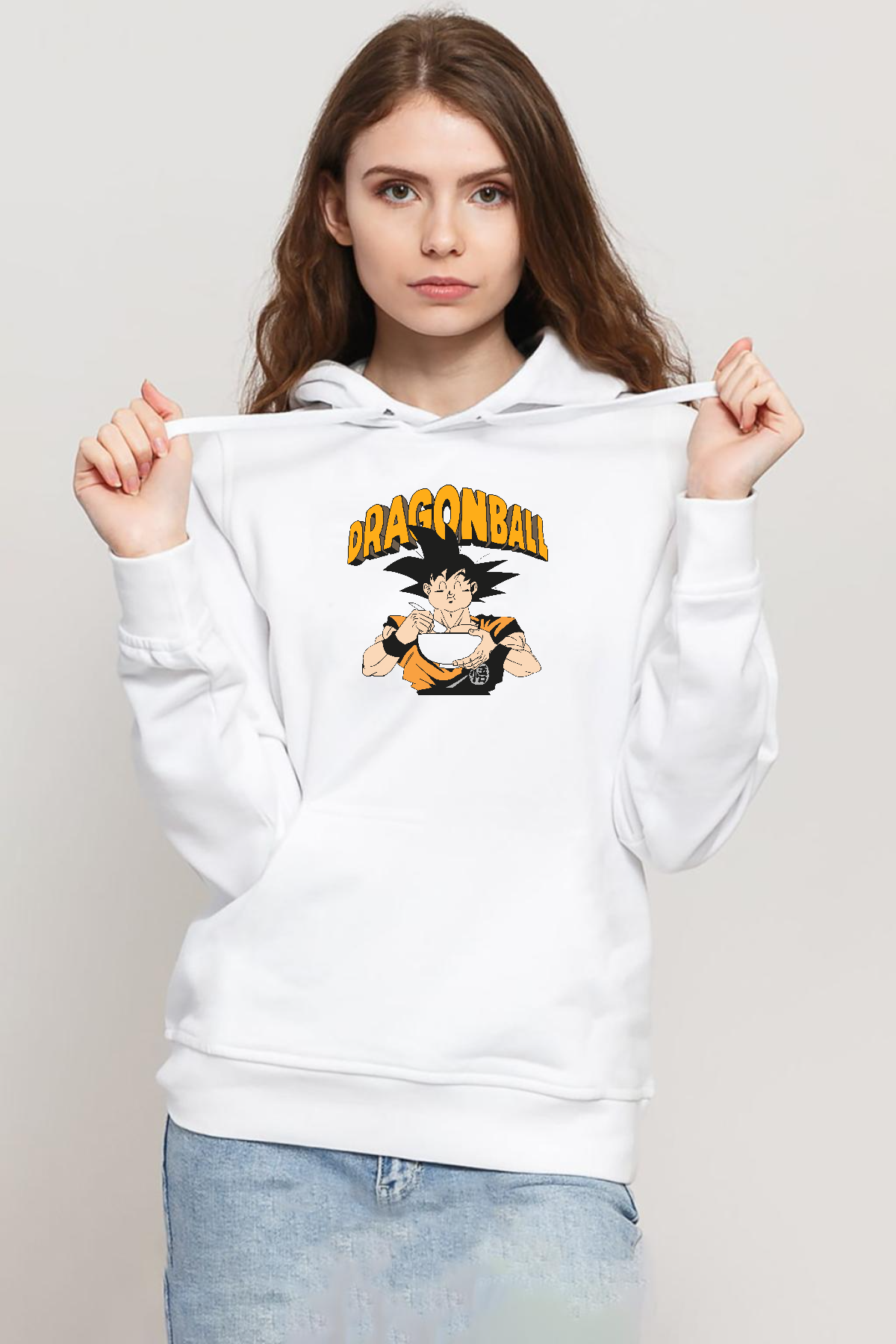 Dragon Ball Z Anime Goku Eating Ramen Beyaz Kadın 3ip Kapşonlu Sweatshirt