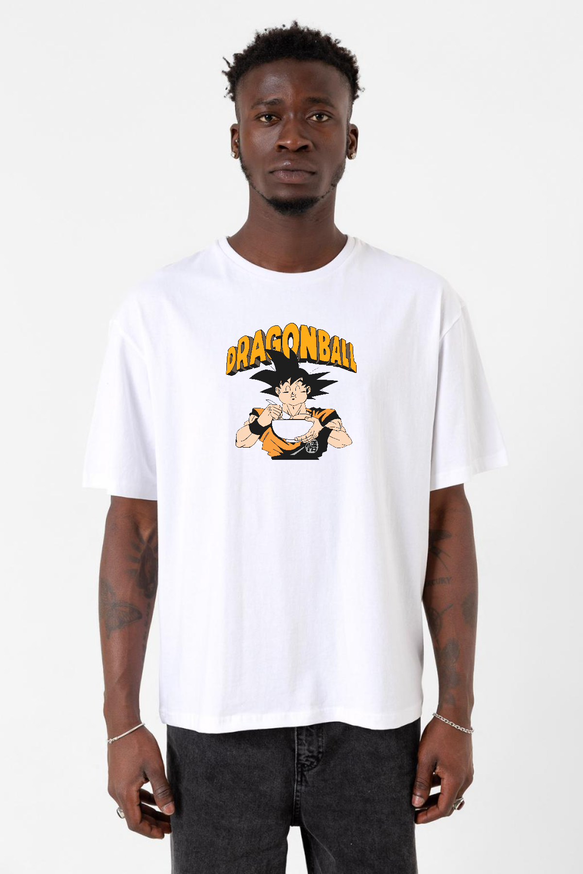 Dragon Ball Z Anime Goku Eating Ramen Beyaz Erkek Oversize Tshirt