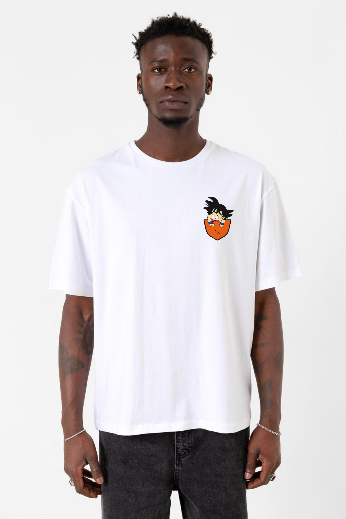 Dragon Ball Z Anime Son Goku Pocket Beyaz Erkek Oversize Tshirt