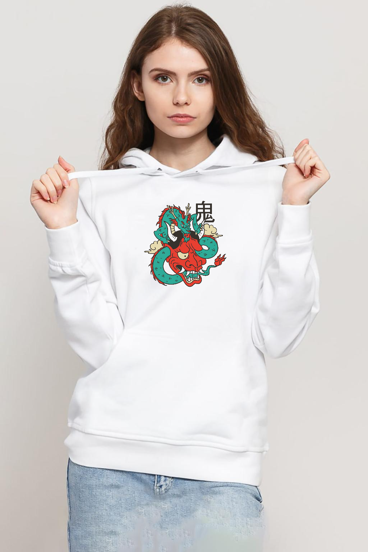 Dragon Samurai Anime Beyaz Kadın 3ip Kapşonlu Sweatshirt