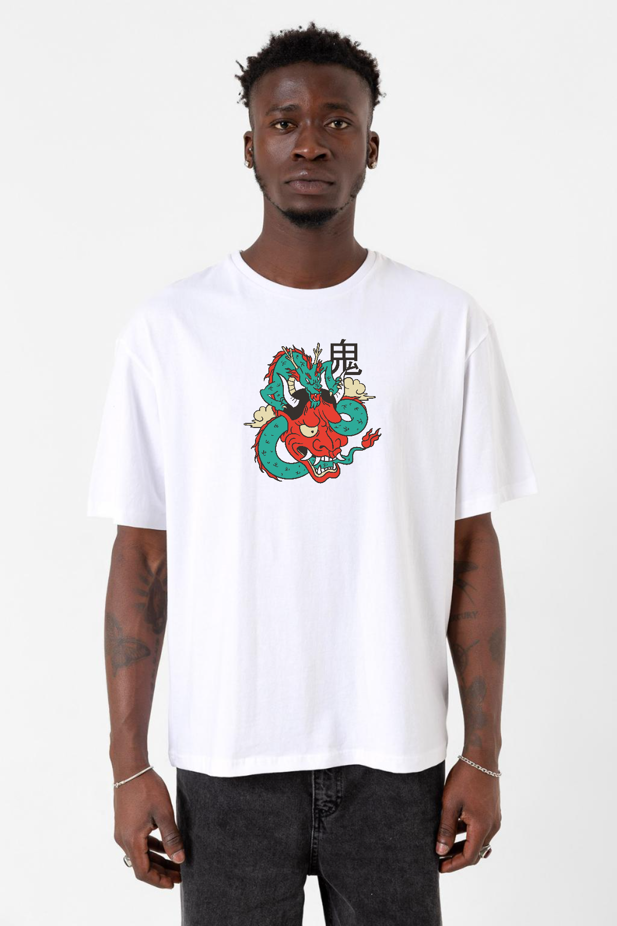 Dragon Samurai Anime Beyaz Erkek Oversize Tshirt