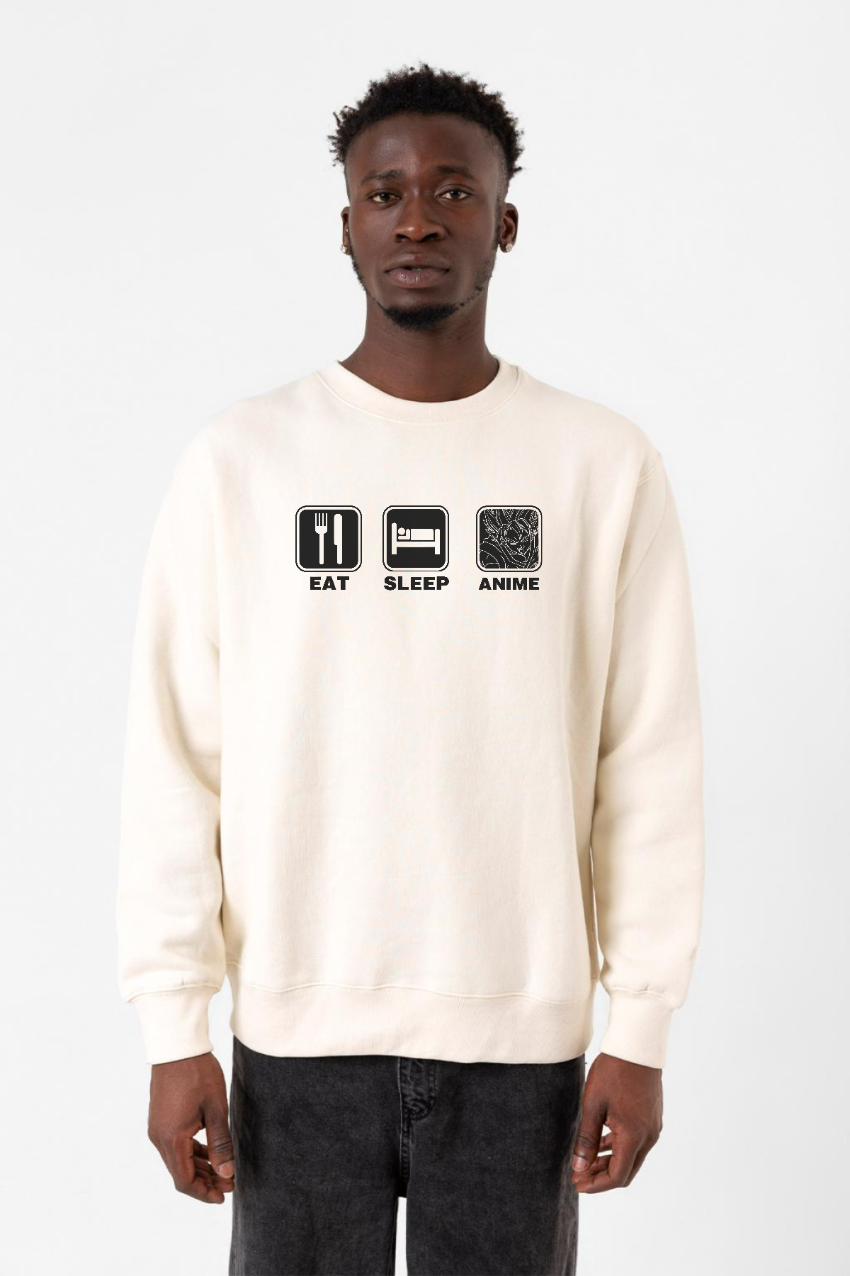 Eat Sleep Anime Ekru Erkek 2ip Sweatshirt