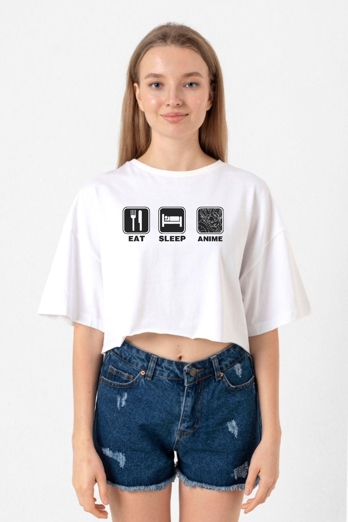 Eat Sleep Anime Beyaz Kadın Crop Tshirt