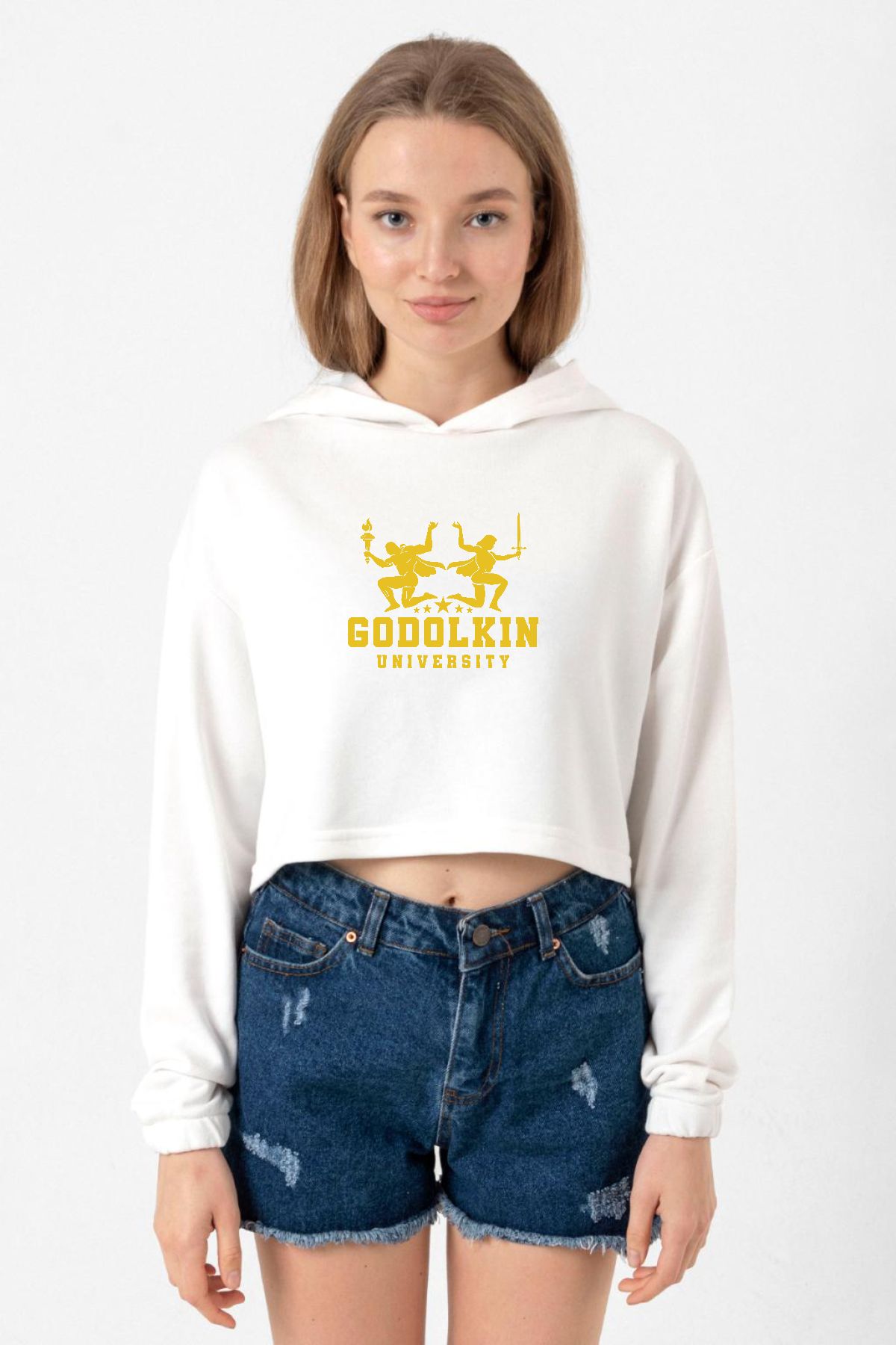 Gen V Godolkin University Logo Ekru Kadın Crop Kapşonlu