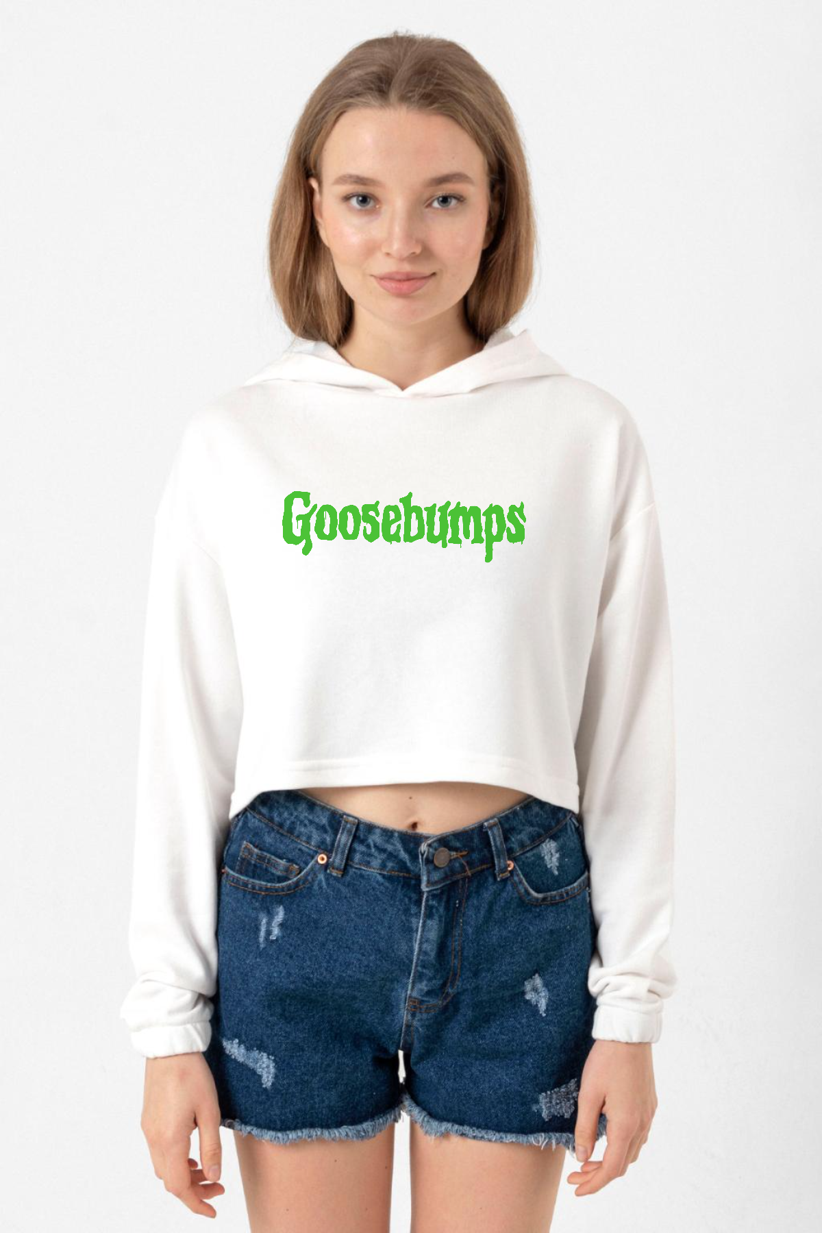 Goosebumps Lettern Ekru Kadın Crop Kapşonlu