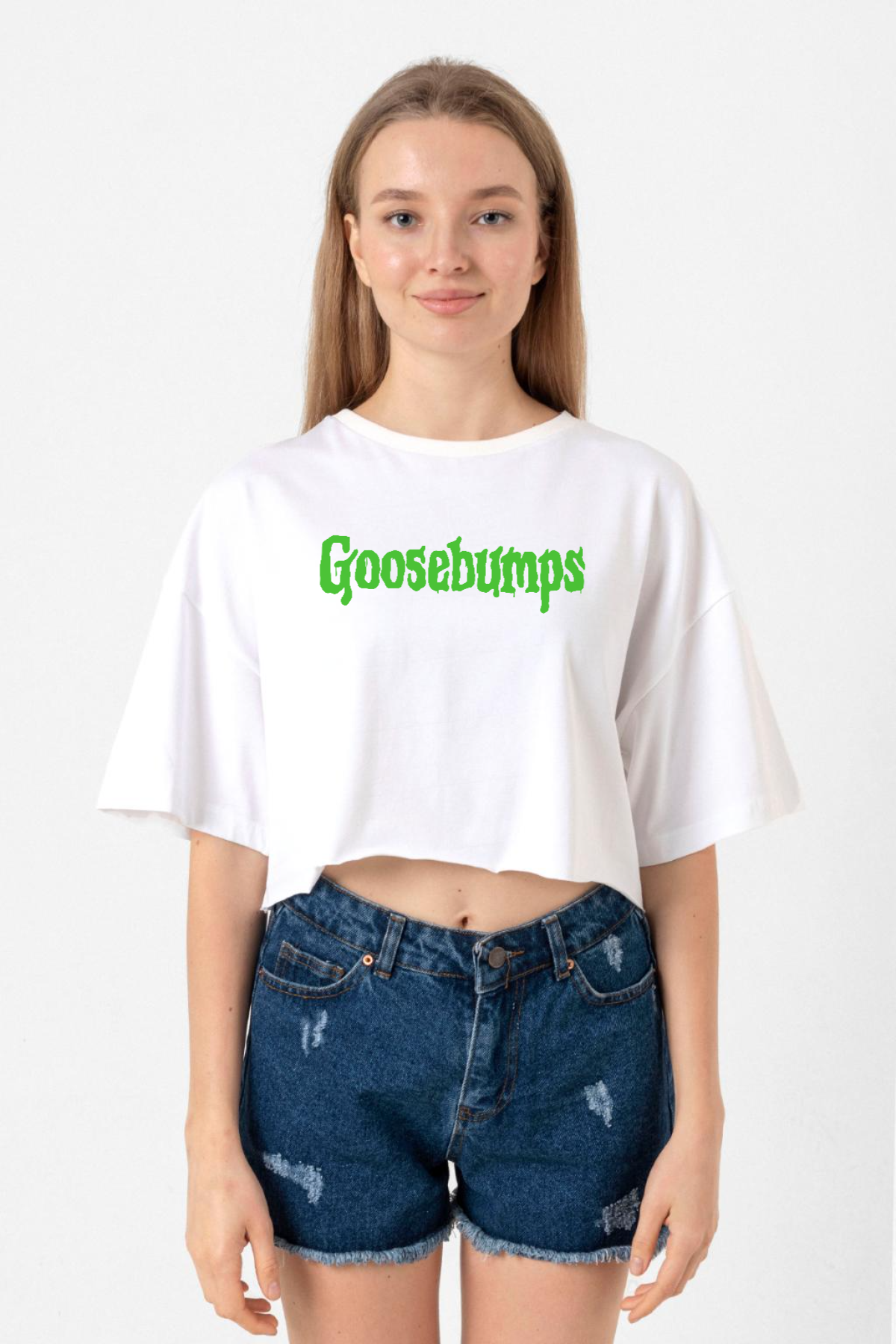 Goosebumps Lettern Beyaz Kadın Crop Tshirt