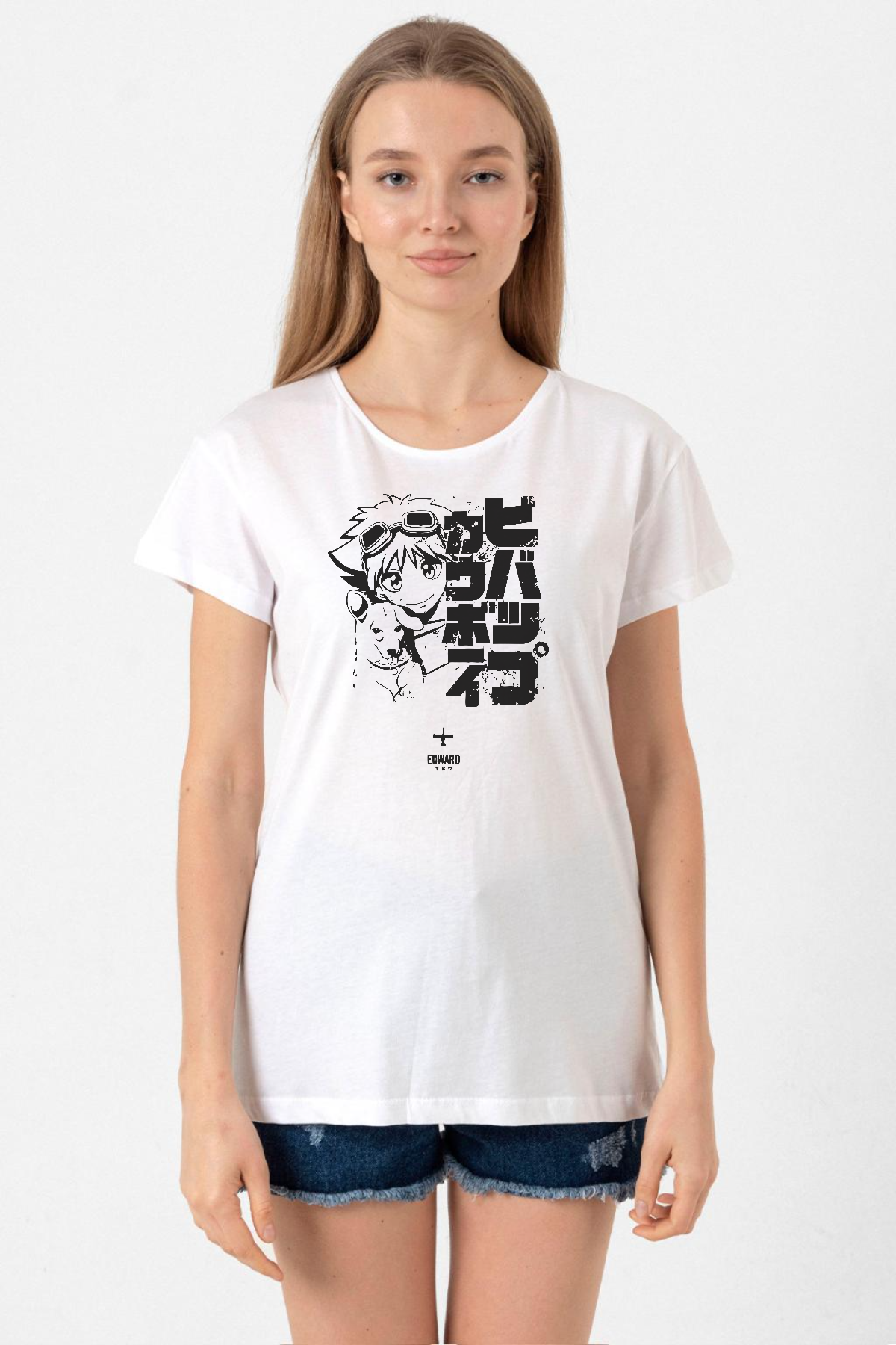 Cowboy Bebop Vintage Ein and Ed Beyaz Kadın Bisikletyaka Tshirt