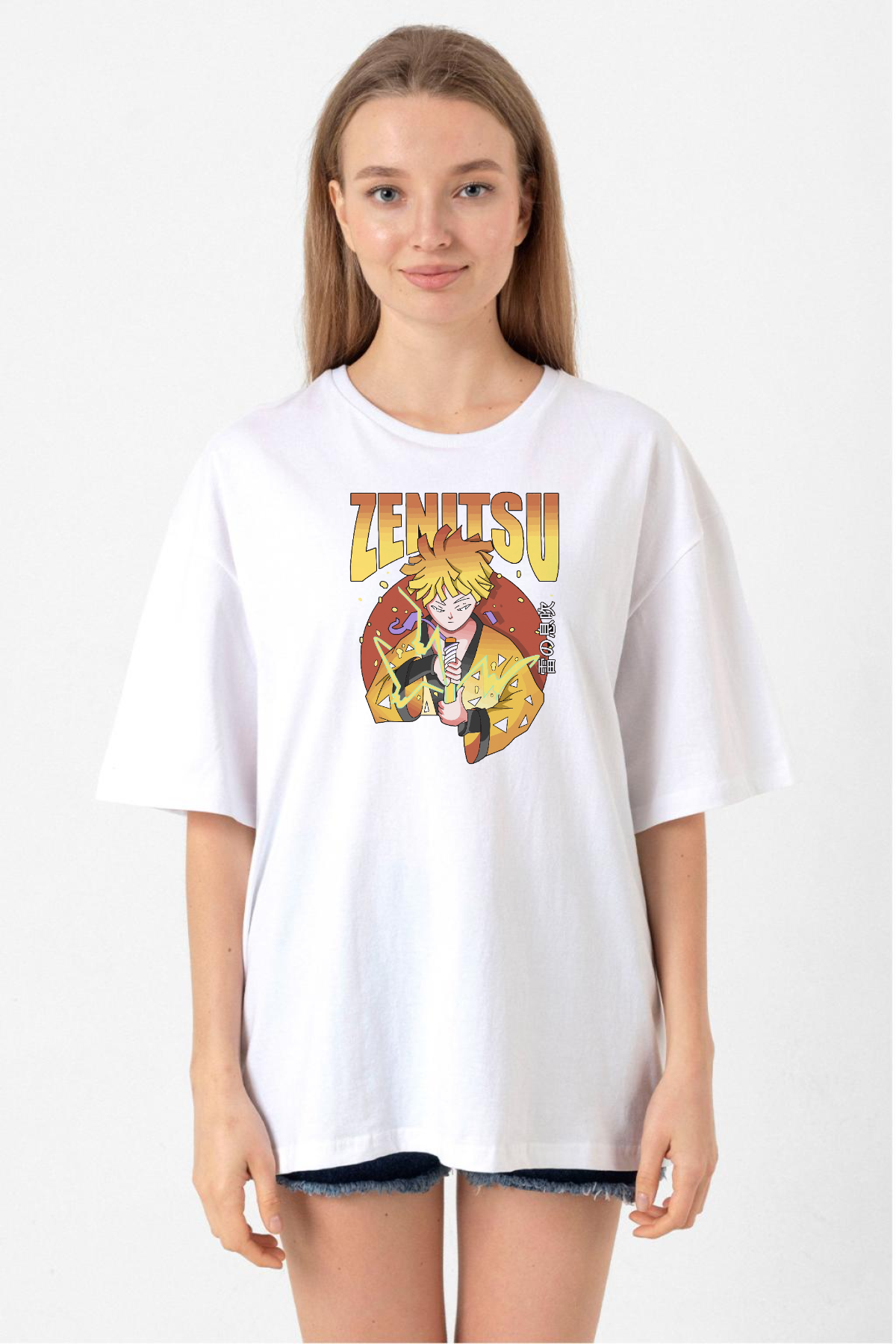 Demon Slayer Anime Zenitsu Poster Beyaz Kadın Oversize Tshirt