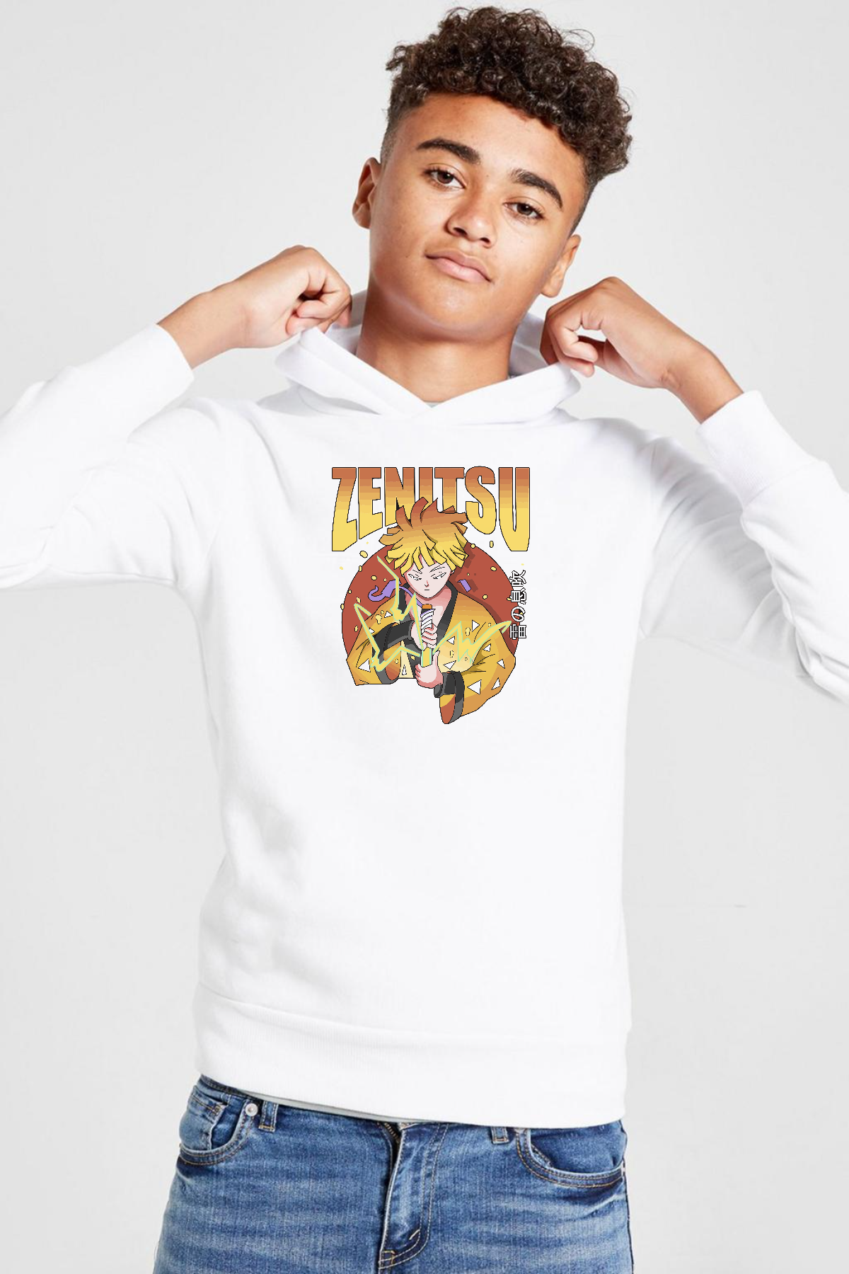 Demon Slayer Anime Zenitsu Poster Beyaz Çocuk 3ip Kapşonlu  Sweatshirt