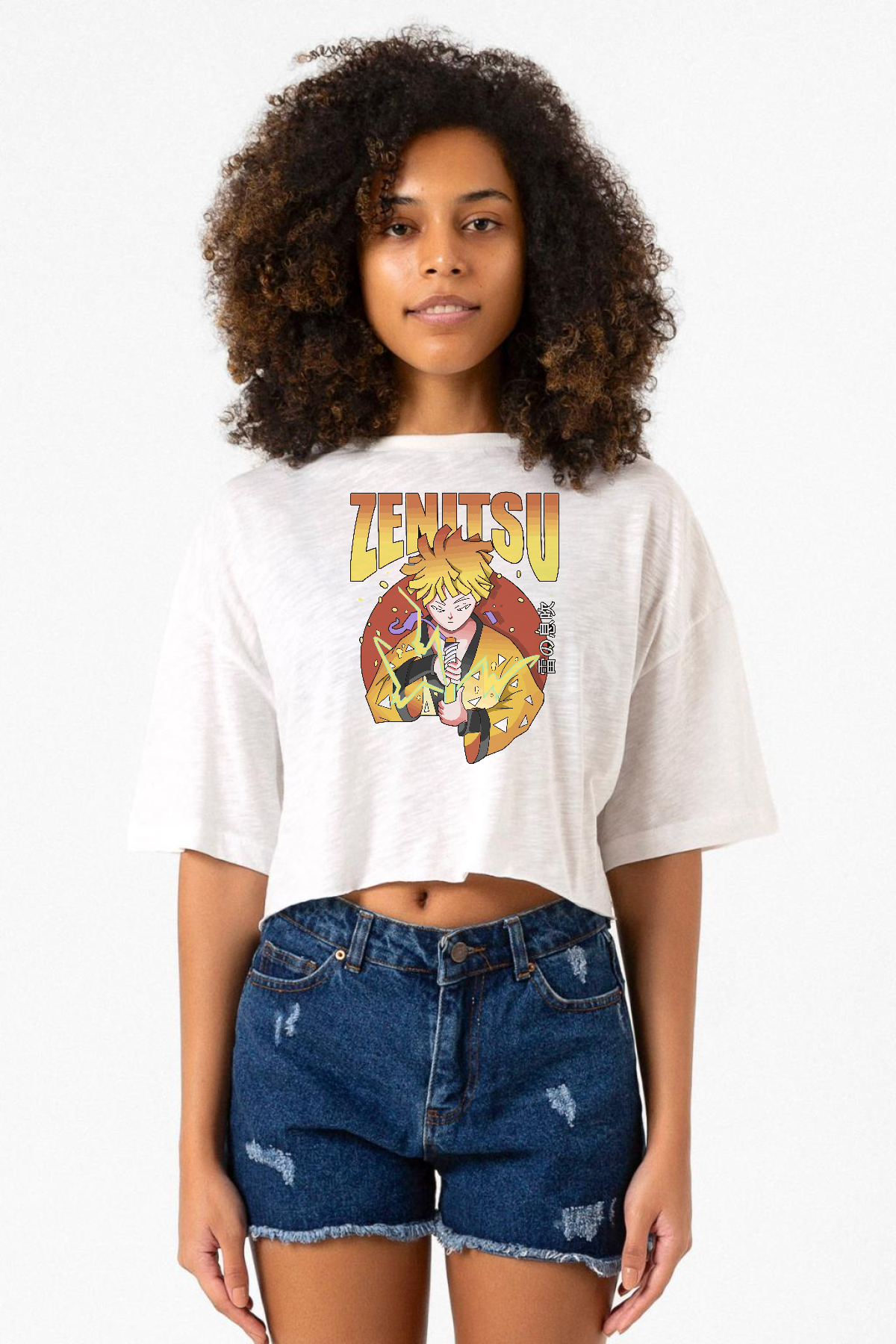 Demon Slayer Anime Zenitsu Poster Beyaz Kırçıllı Kadın Crop Tshirt