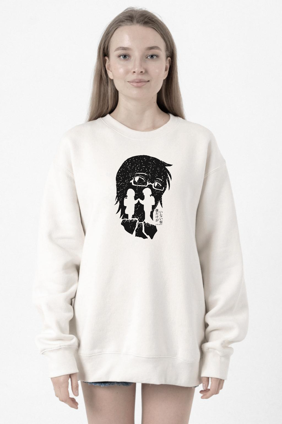 Erased Anime Black White Silhoette Beyaz Kadın 2ip Sweatshirt