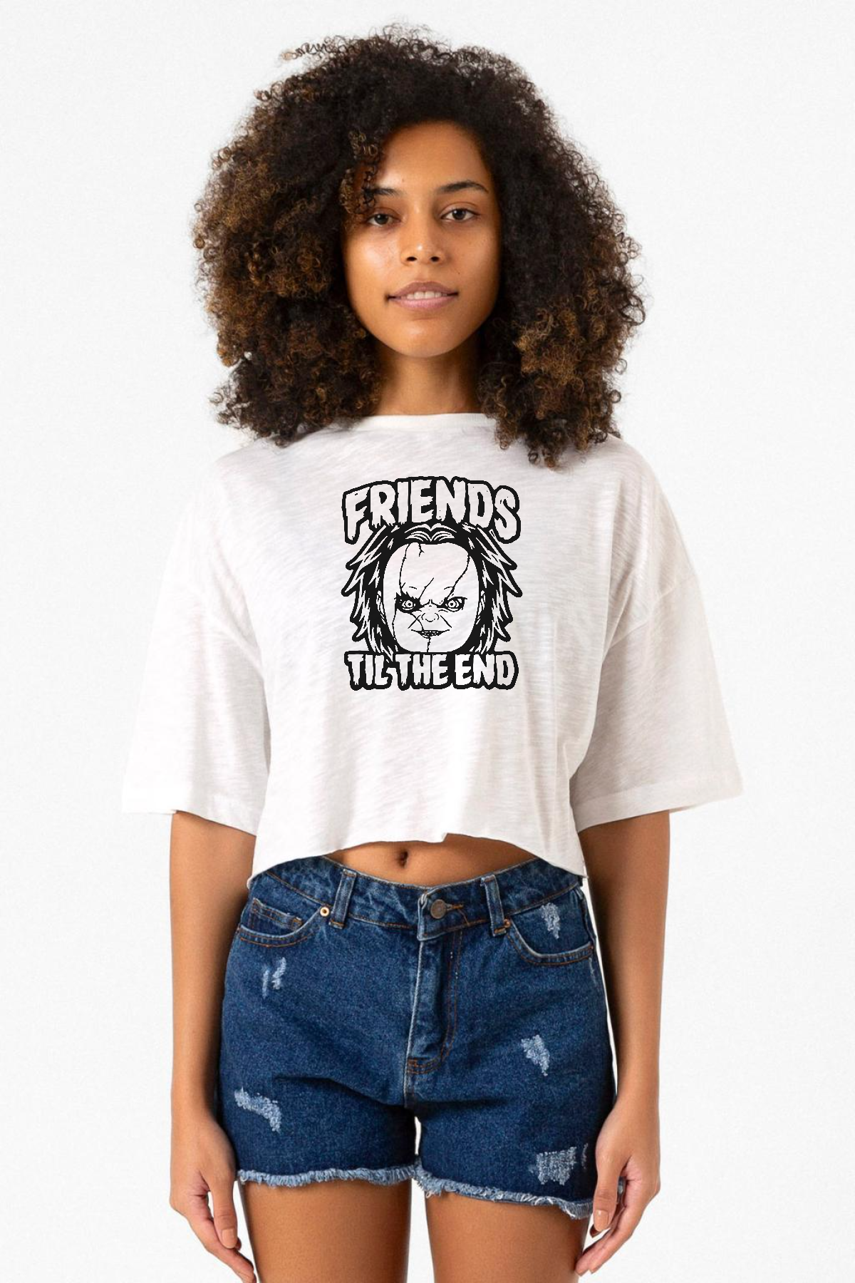 Friends Til The End Beyaz Kırçıllı Kadın Crop Tshirt