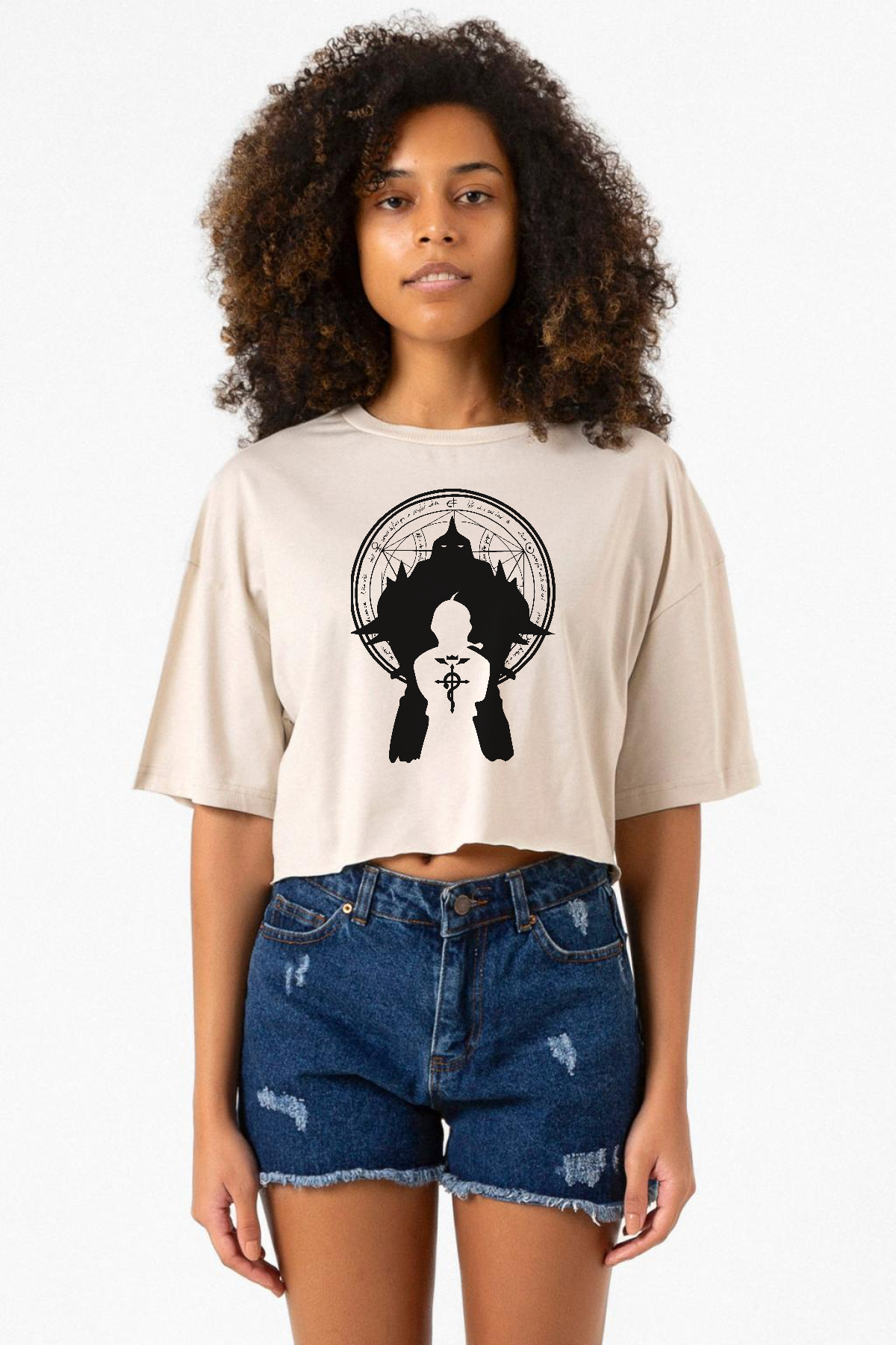 Fullmetal Alchemist Anime Logo Bej Kadın Crop Tshirt