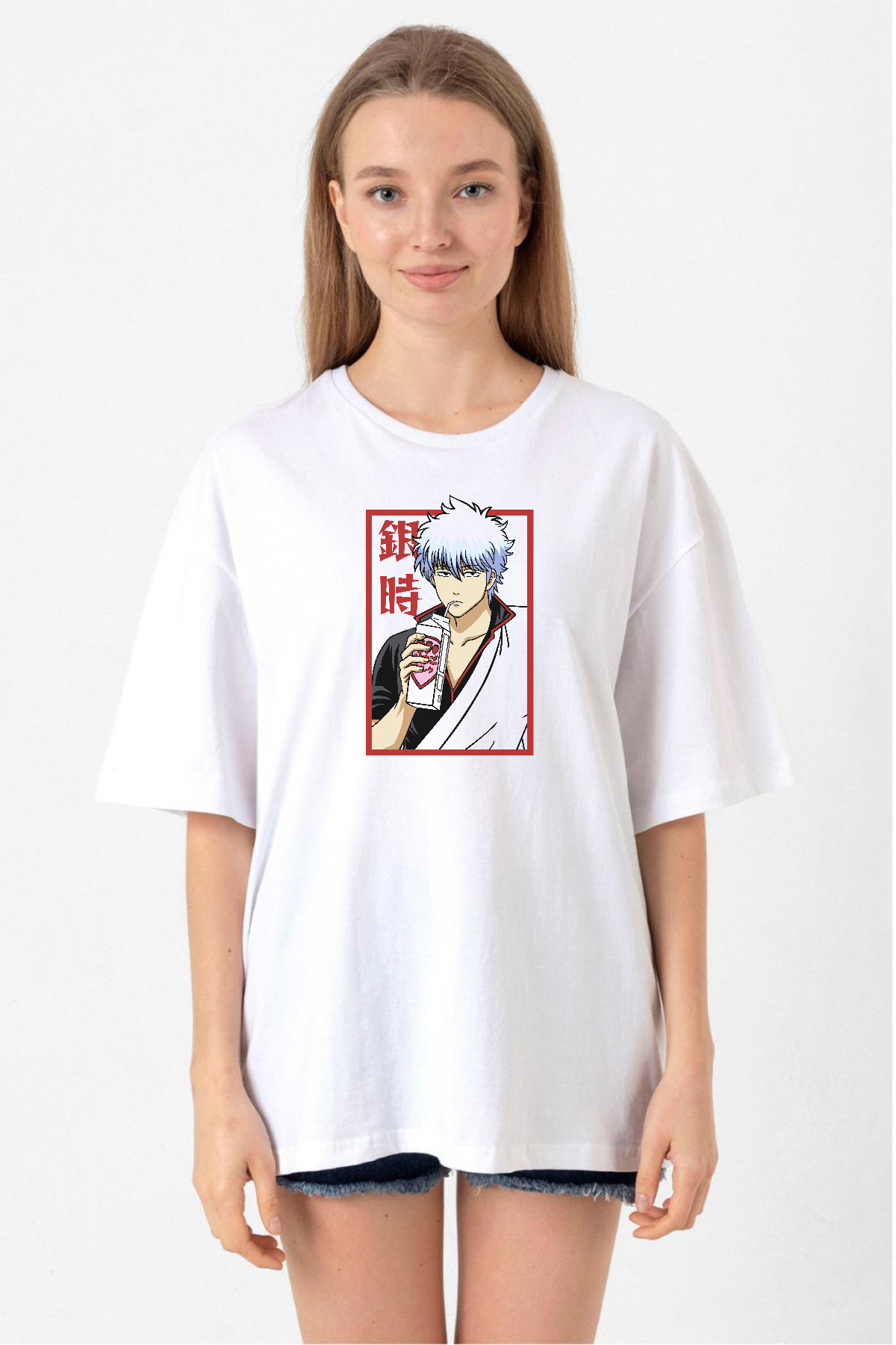 Gintama Anime Gintoki Fruit Juice Beyaz Kadın Oversize Tshirt