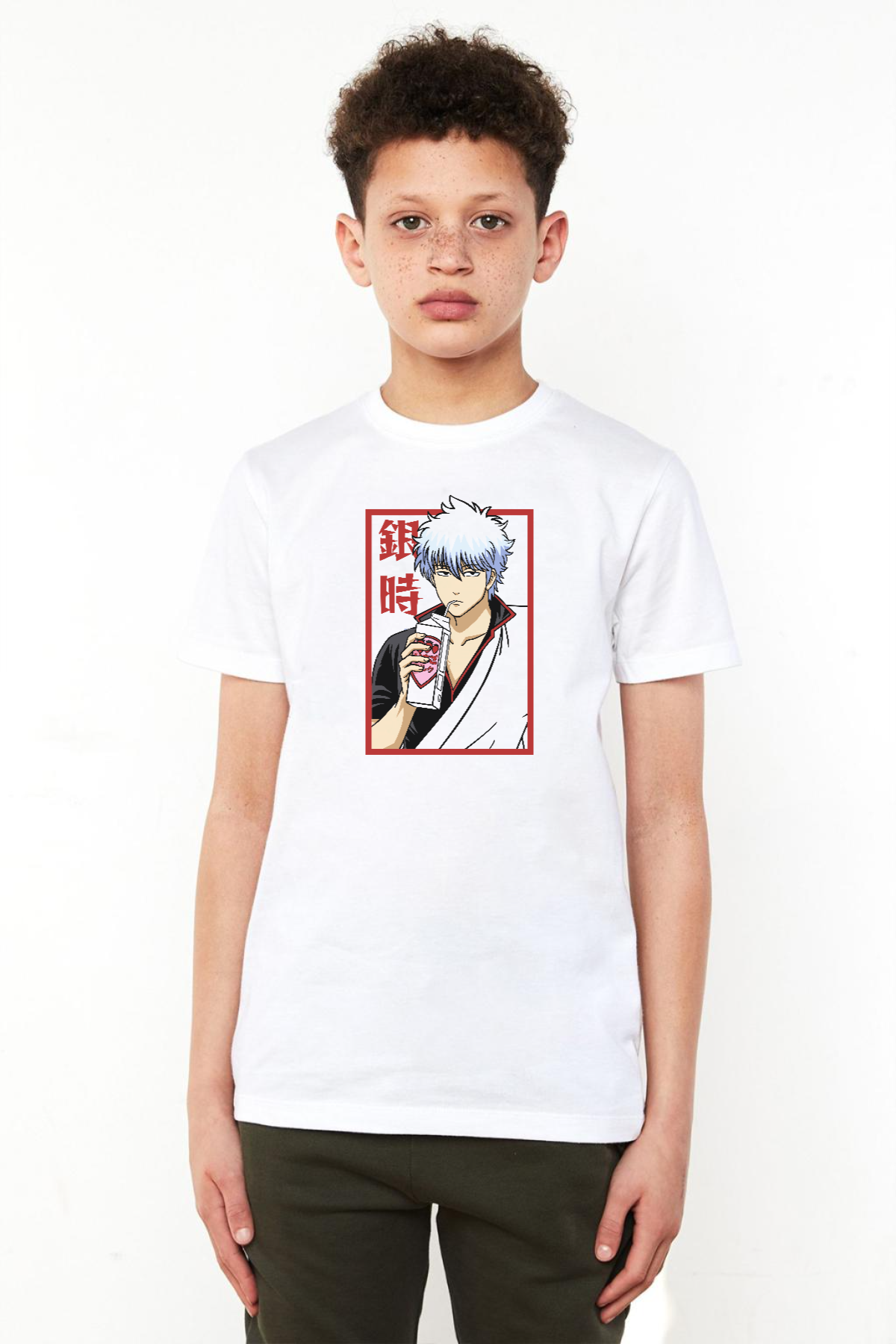 Gintama Anime Gintoki Fruit Juice Beyaz Çocuk Bisikletyaka Tshirt