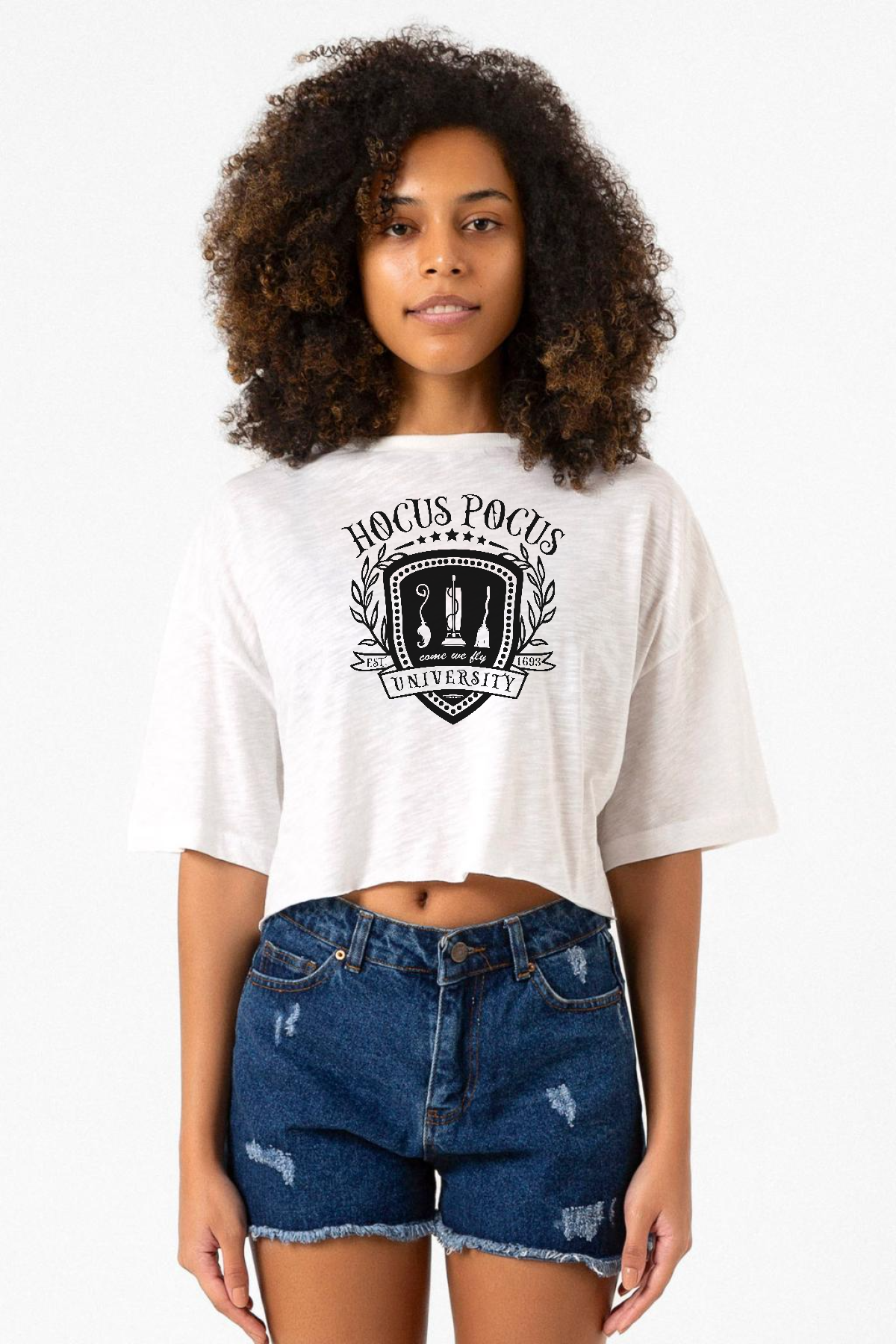 Hocus Pocus University Beyaz Kırçıllı Kadın Crop Tshirt