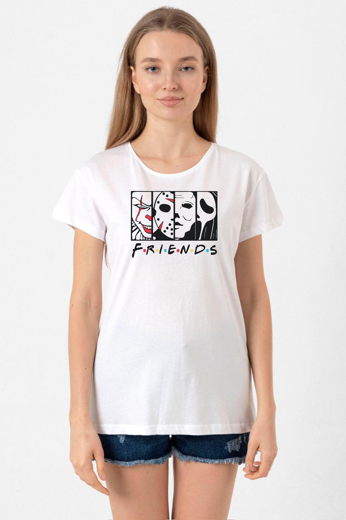 Horror Character Friends Beyaz Kadın Bisikletyaka Tshirt