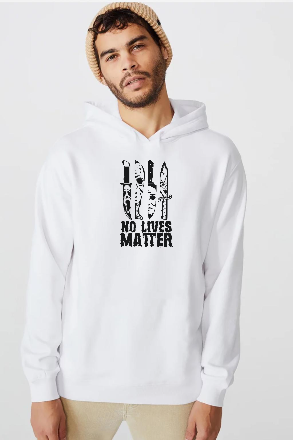 Horror Knifes No Live Matter Beyaz Erkek 3ip Kapşonlu  Sweatshirt