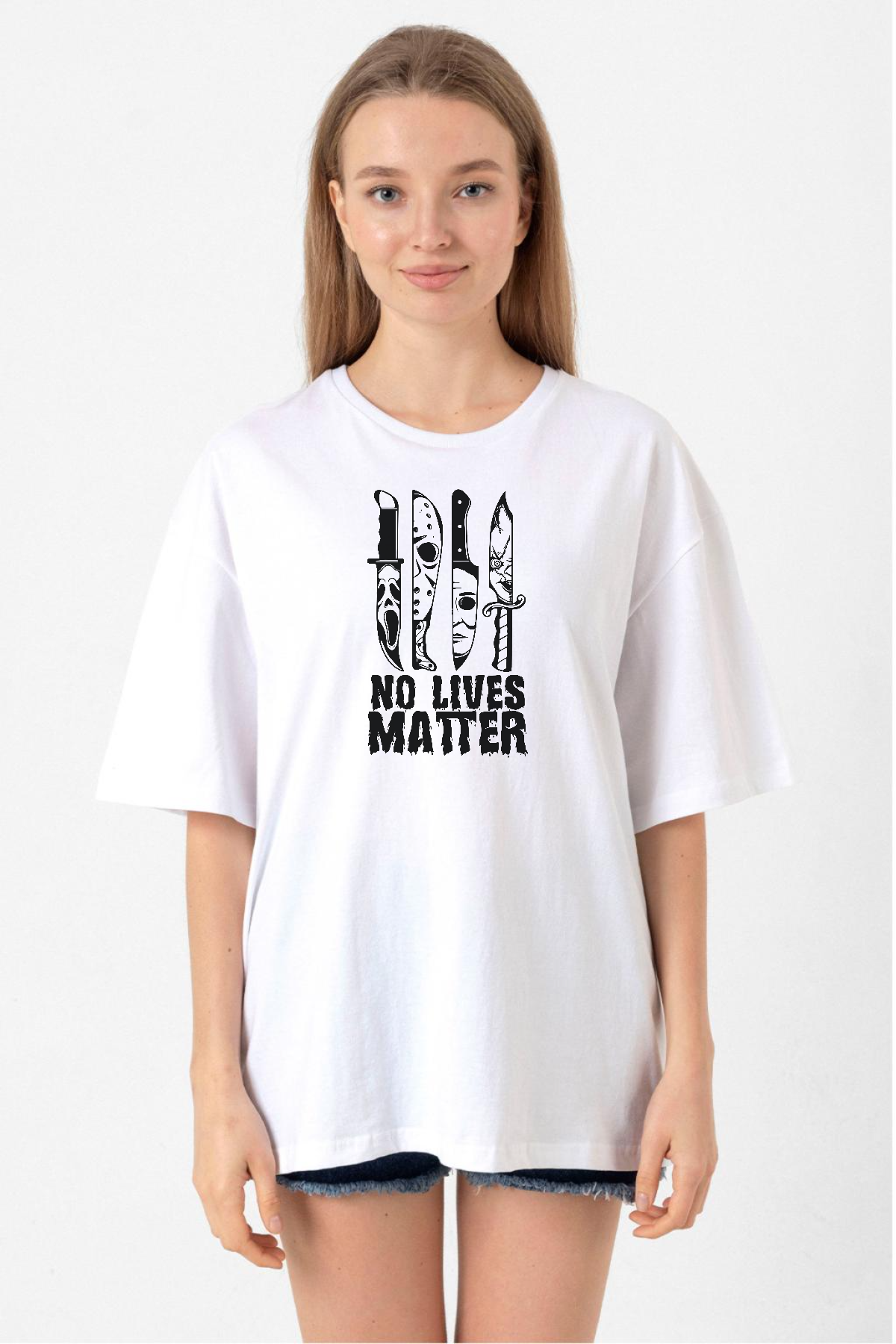 Horror Knifes No Live Matter Beyaz Kadın Oversize Tshirt