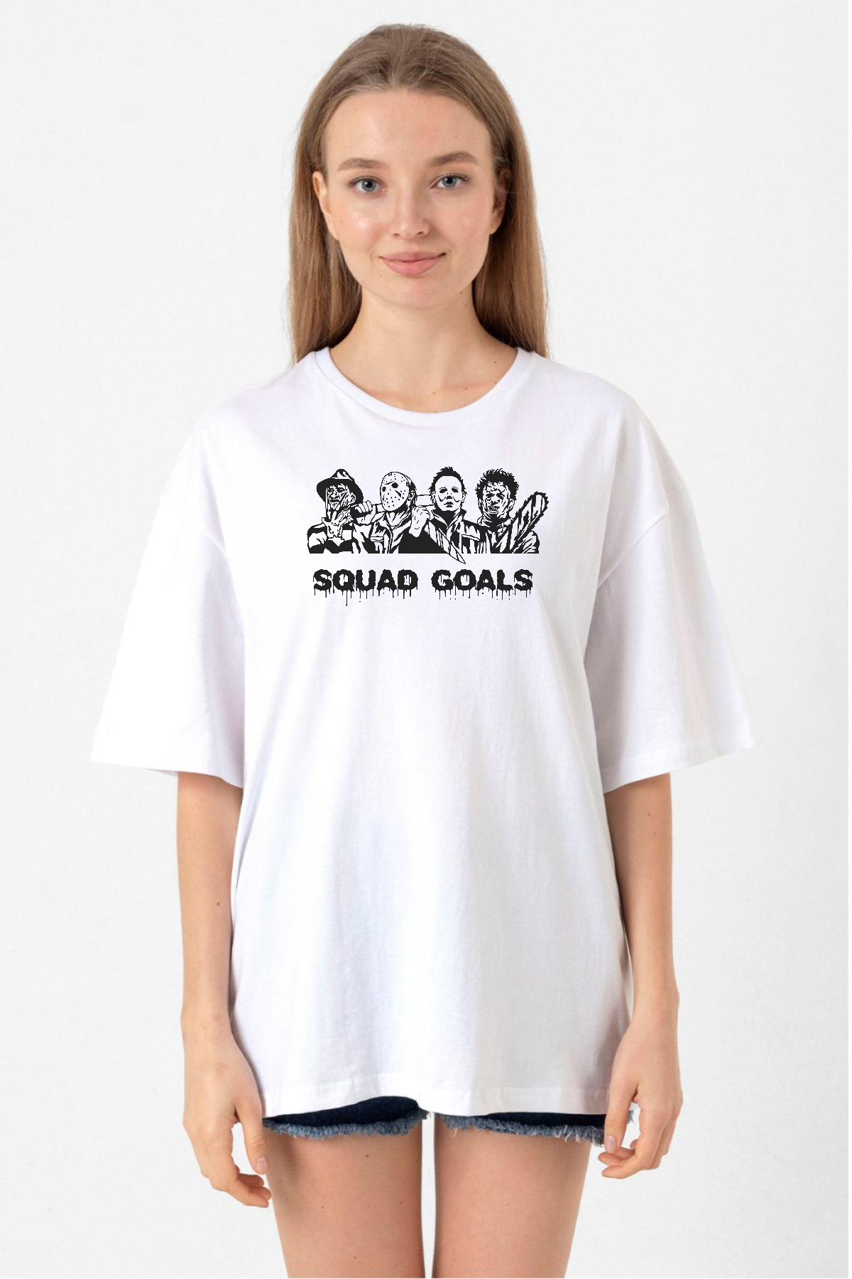 Horror Movie Squad Goals Beyaz Kadın Oversize Tshirt