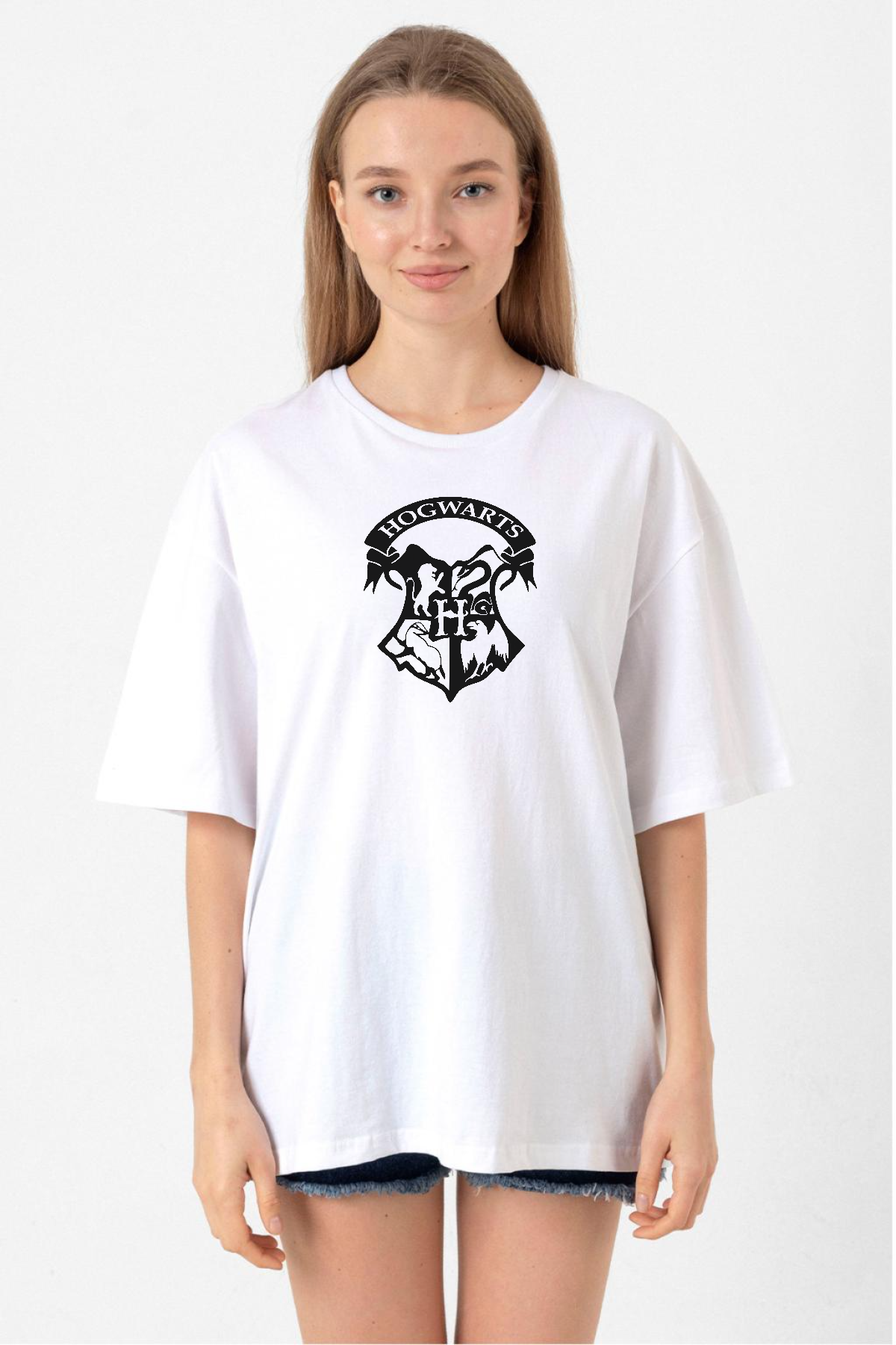 HP Hogwarts Beyaz Kadın Oversize Tshirt