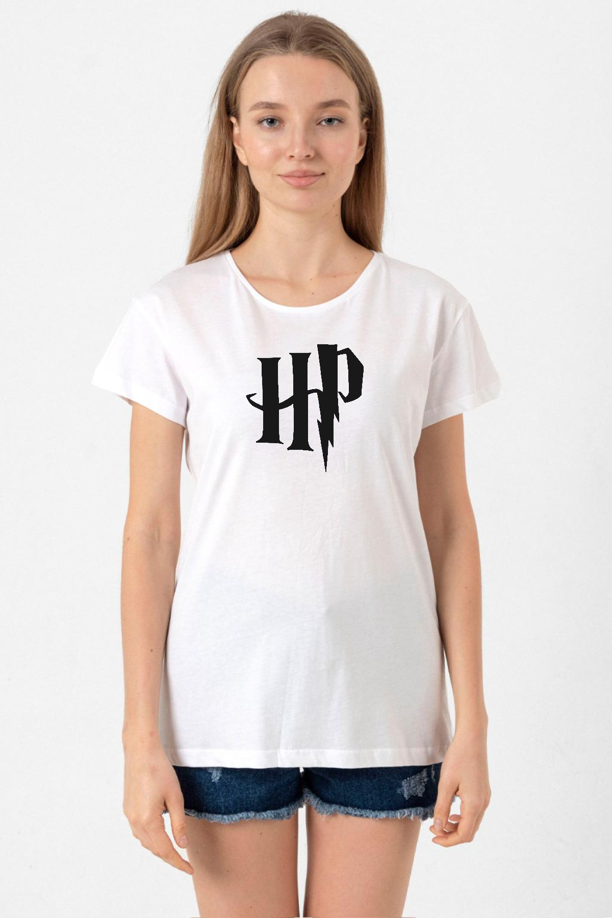 HP Logo Beyaz Kadın Bisikletyaka Tshirt