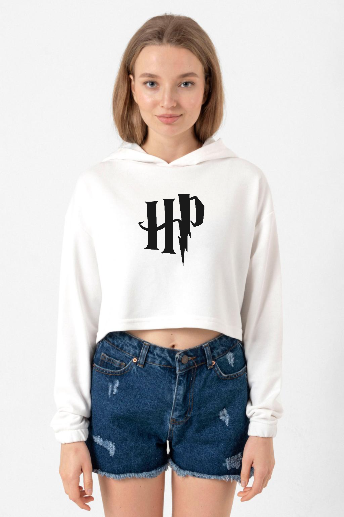 HP Logo Ekru Kadın Crop Kapşonlu