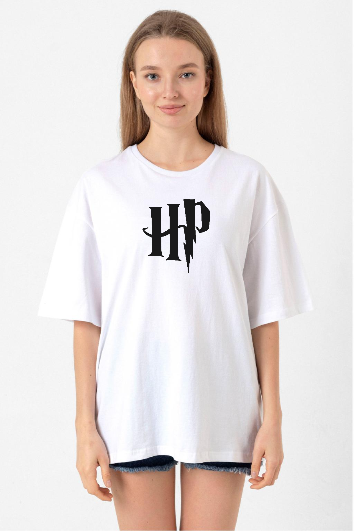 HP Logo Beyaz Kadın Oversize Tshirt