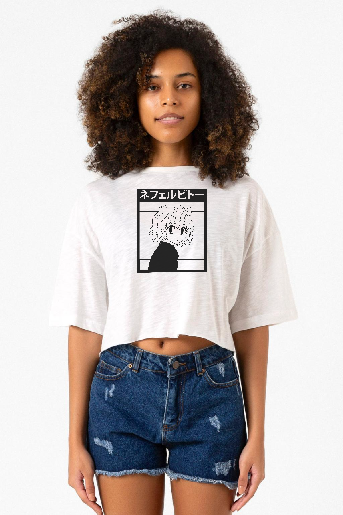 Hunter x Hunter Anime Neferpitou Beyaz Kırçıllı Kadın Crop Tshirt