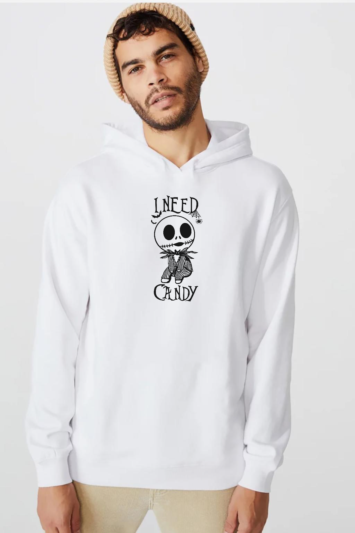 Jack Skellington I Need Candy Beyaz Erkek 3ip Kapşonlu  Sweatshirt