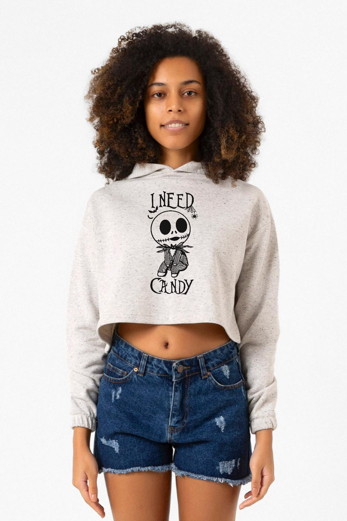 Jack Skellington I Need Candy Beyaz Kırçıllı Kadın Crop Kapşonlu