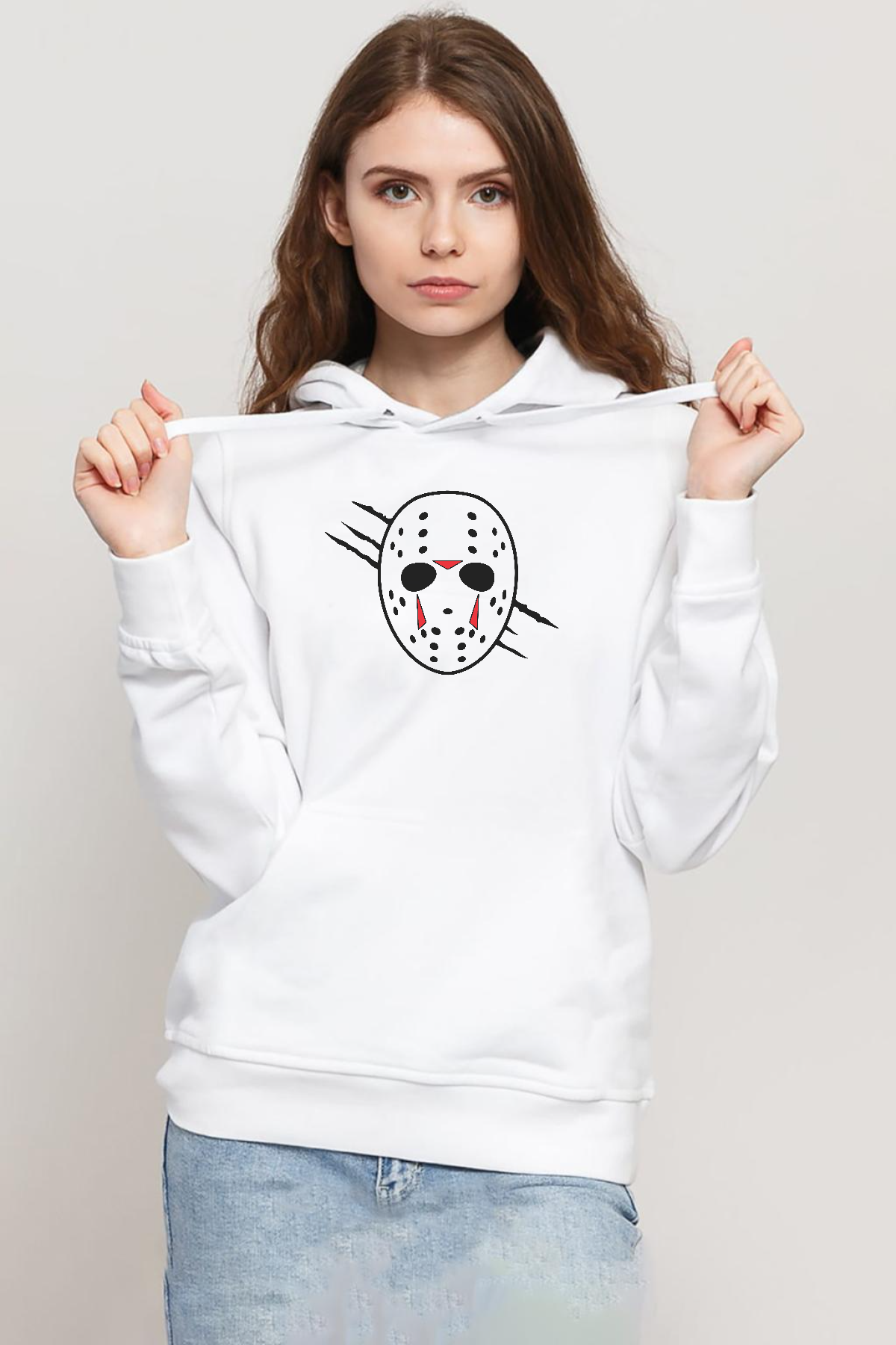 Jason Voorhees Facemask Beyaz Kadın 3ip Kapşonlu Sweatshirt