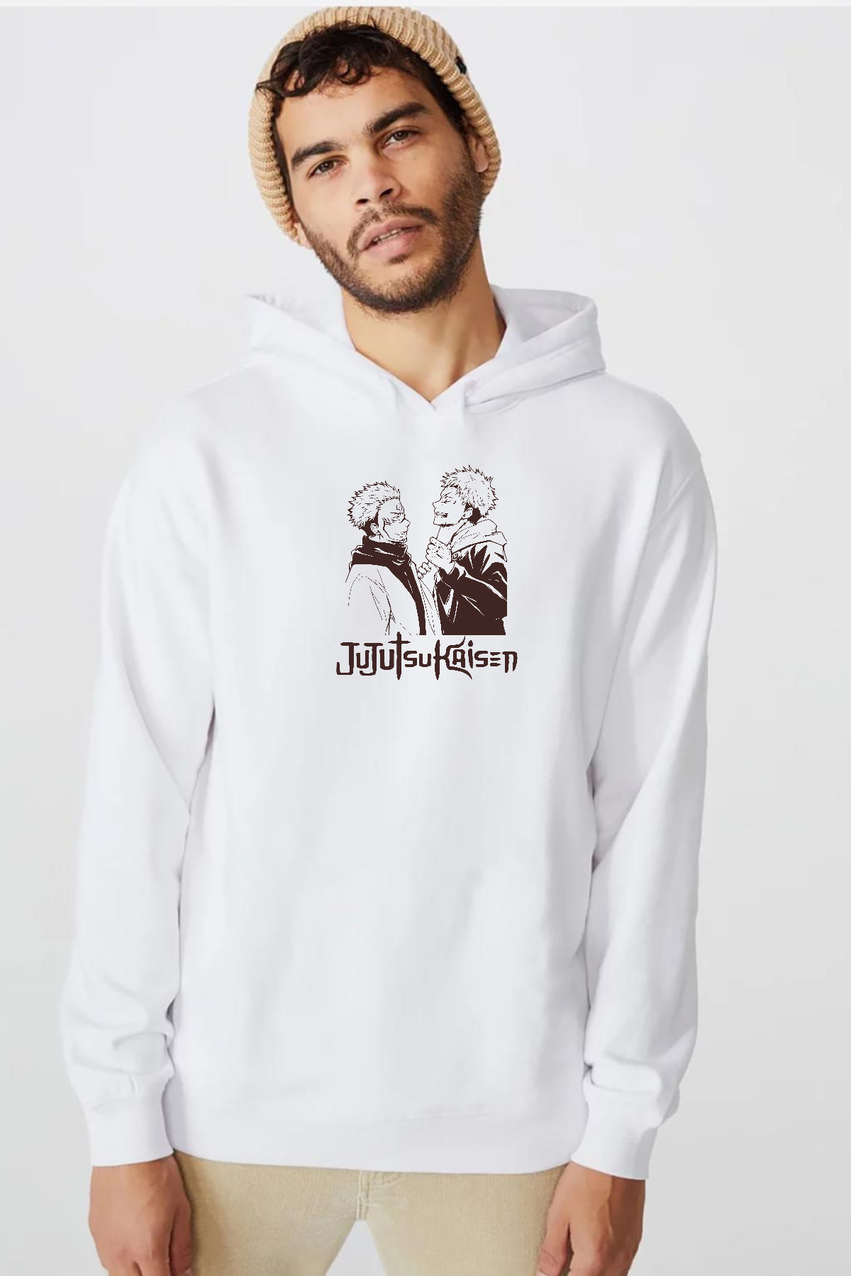 Jujutsu Kaisen Anime Long Beyaz Erkek 3ip Kapşonlu  Sweatshirt