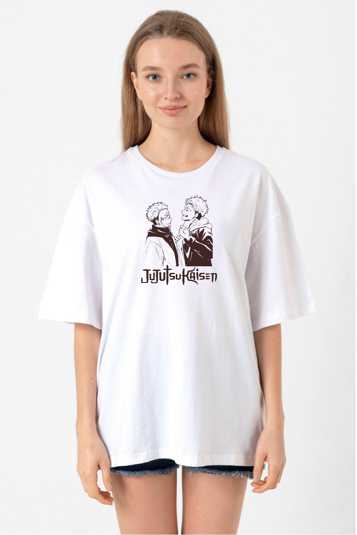 Jujutsu Kaisen Anime Long Beyaz Kadın Oversize Tshirt