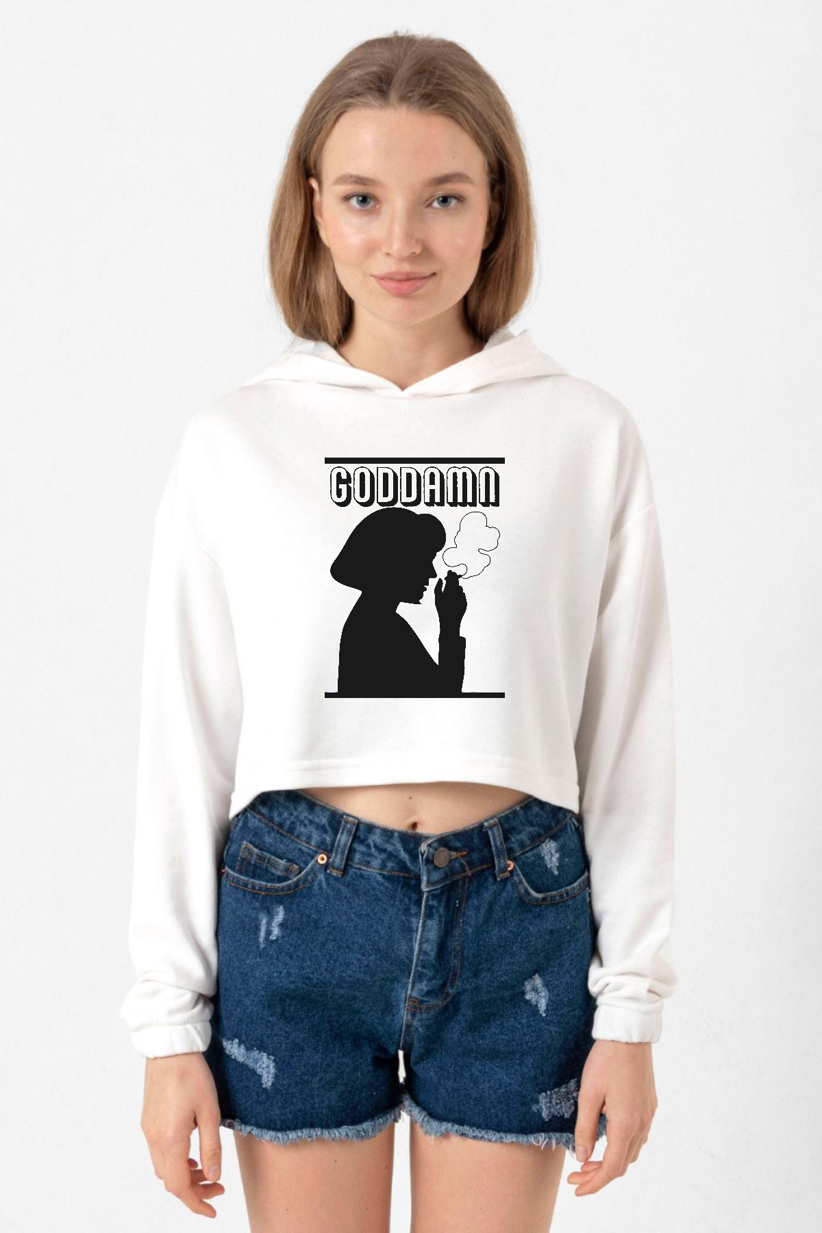 Pulp Fiction Mia Wallace Goddamn Ekru Kadın Crop Kapşonlu