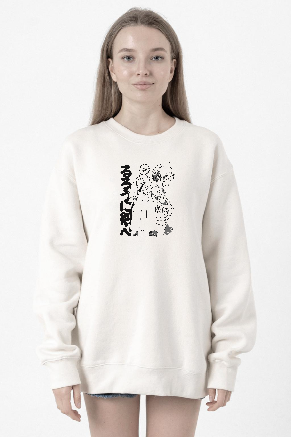 Rurouni Kenshin Black White Art Beyaz Kadın 2ip Sweatshirt