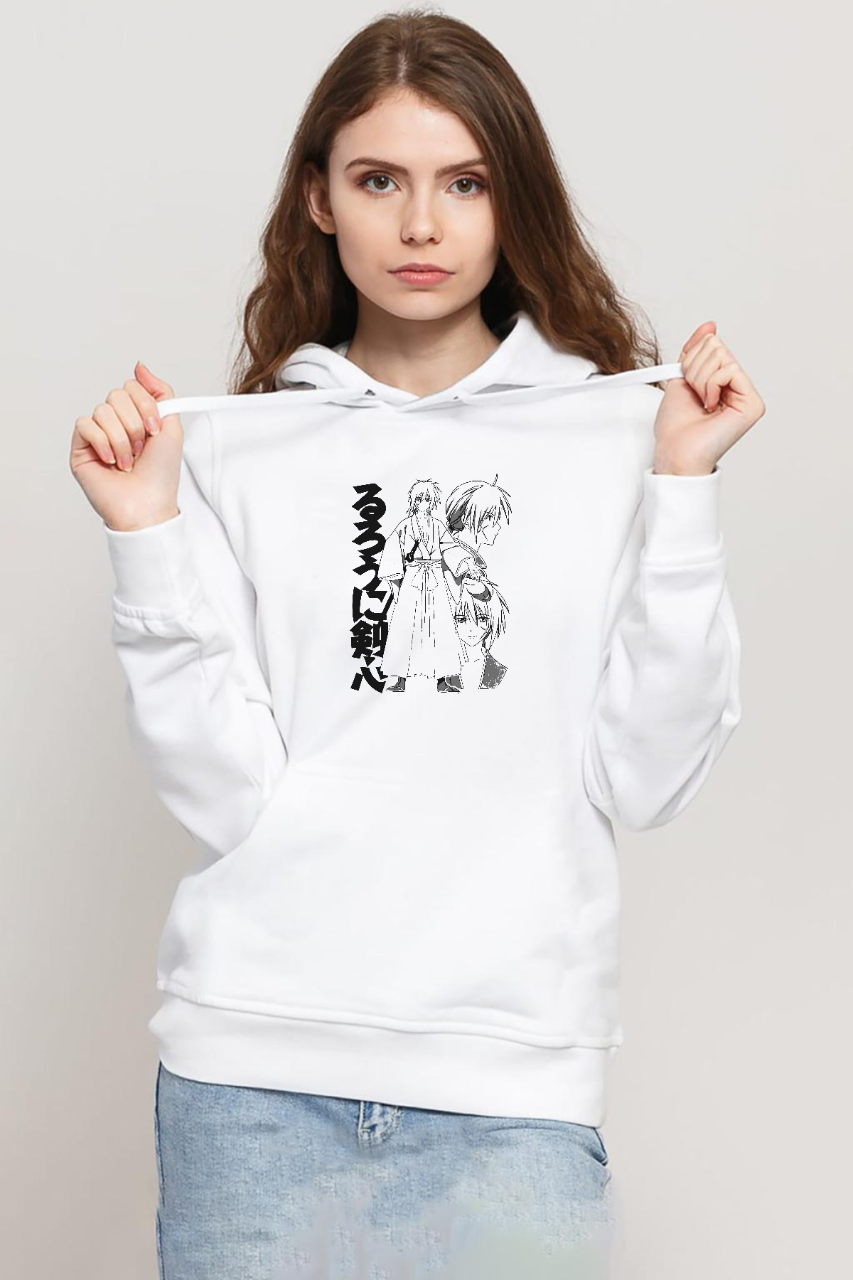 Rurouni Kenshin Black White Art Beyaz Kadın 3ip Kapşonlu Sweatshirt