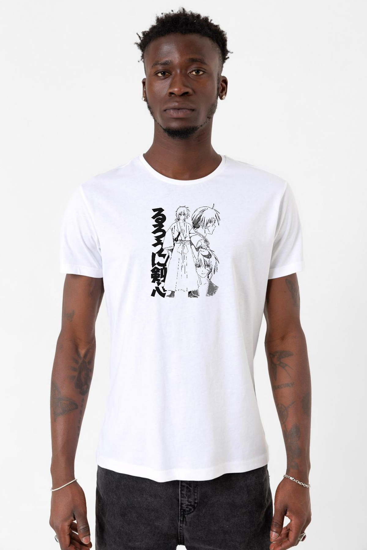 Rurouni Kenshin Black White Art Beyaz Erkek Bisikletyaka Tshirt