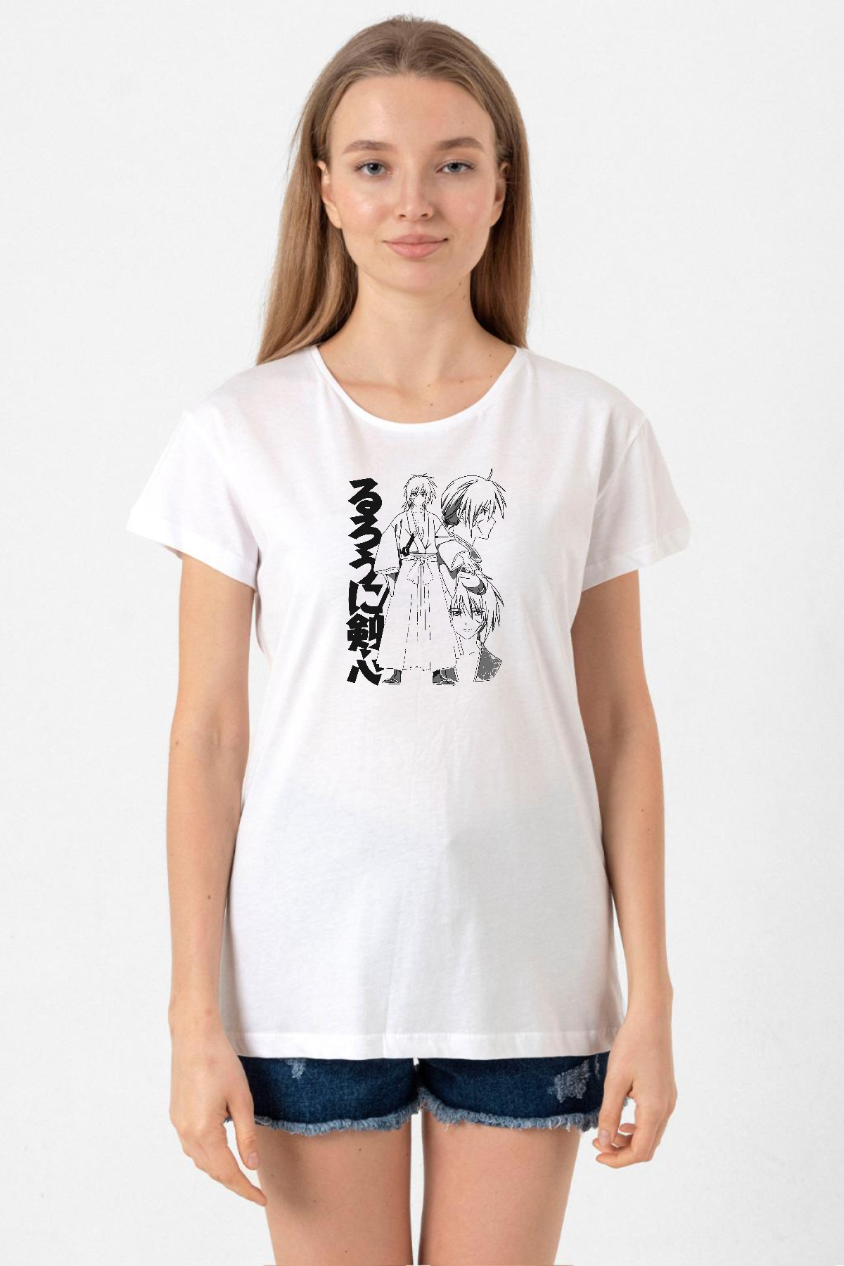 Rurouni Kenshin Black White Art Beyaz Kadın Bisikletyaka Tshirt