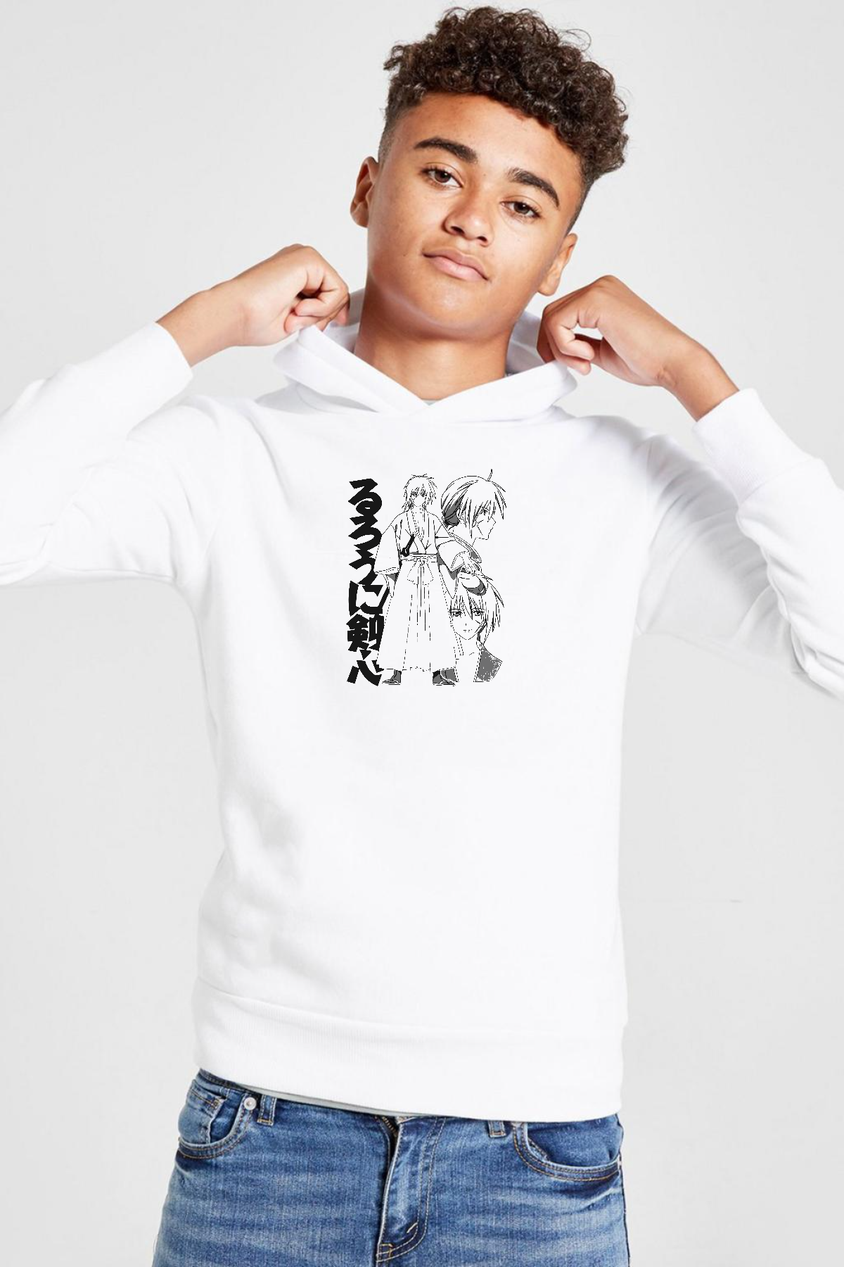 Rurouni Kenshin Black White Art Beyaz Çocuk 3ip Kapşonlu  Sweatshirt