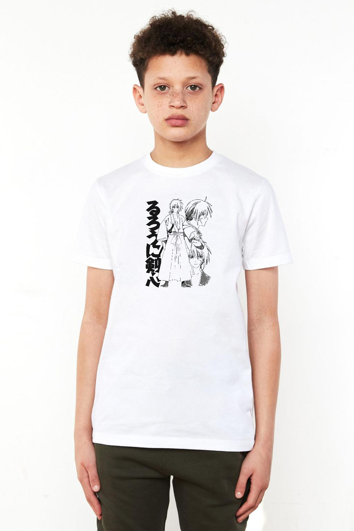 Rurouni Kenshin Black White Art Beyaz Çocuk Bisikletyaka Tshirt