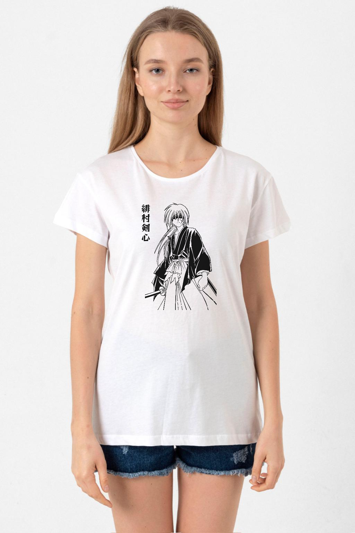 Rurouni Kenshin Poster Japan Beyaz Kadın Bisikletyaka Tshirt