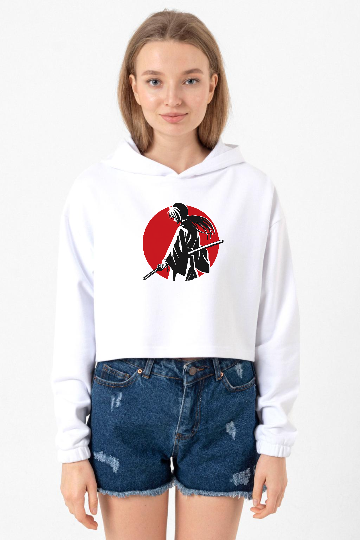 Rurouni Kenshin Samurai Logo Beyaz Optik Kadın Crop Kapşonlu