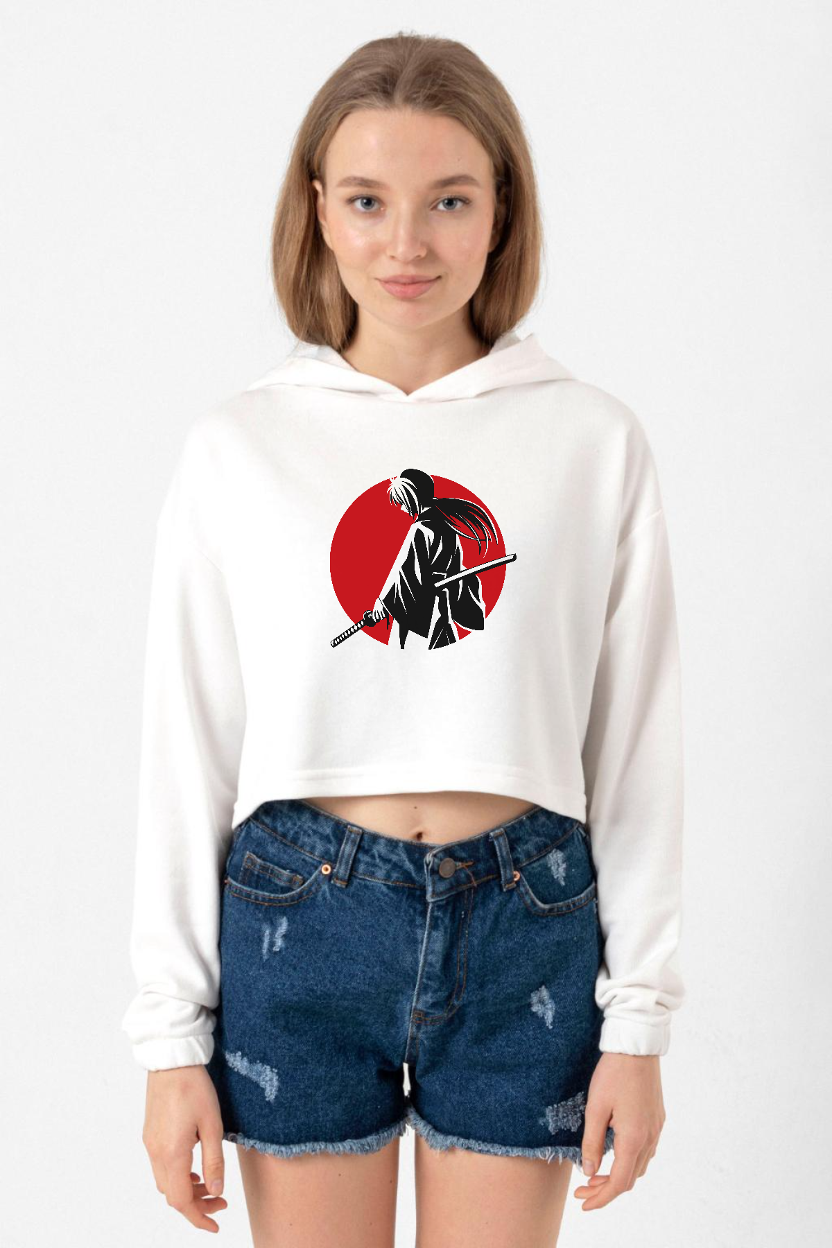 Rurouni Kenshin Samurai Logo Ekru Kadın Crop Kapşonlu